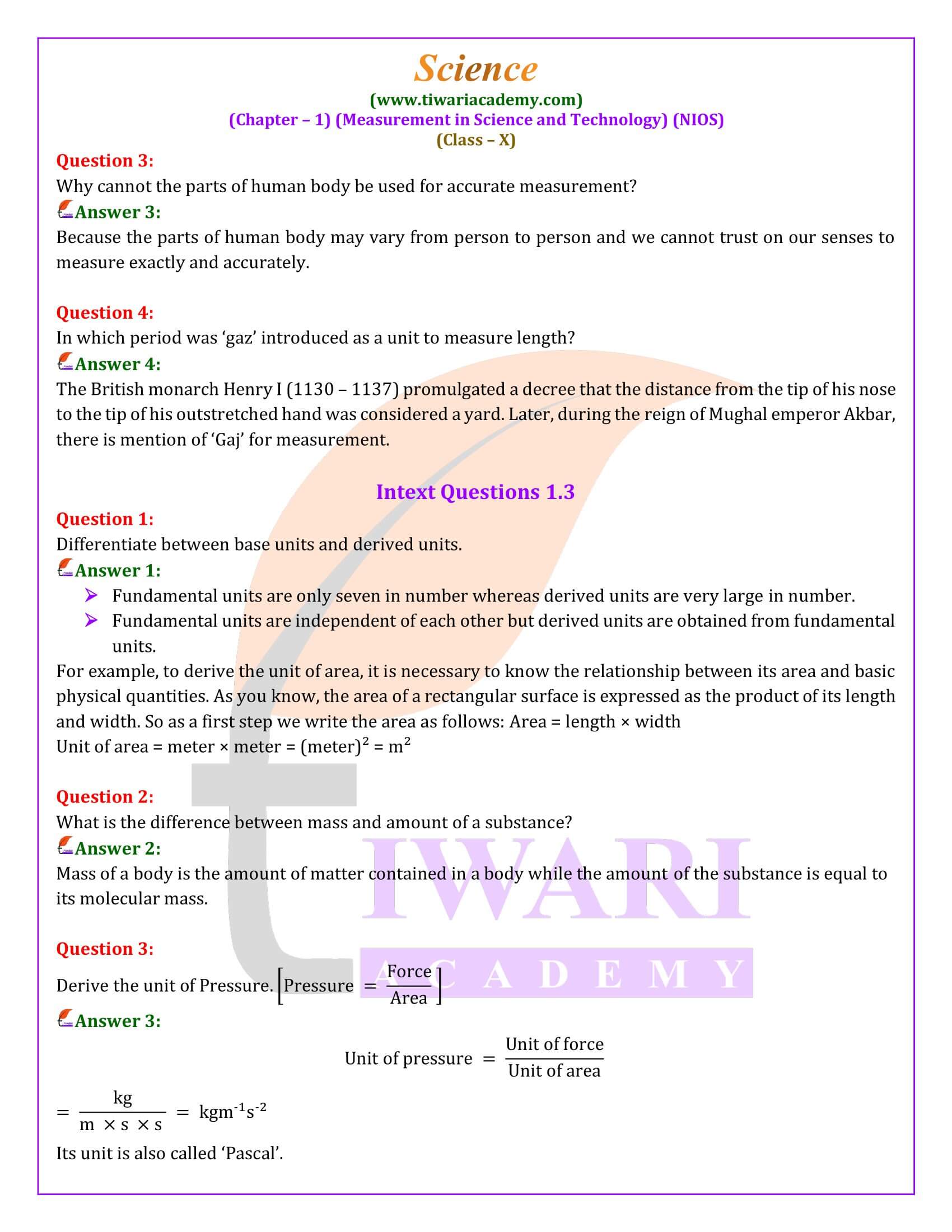 NIOS Class 10 Science Chapter 1 Measurement in Science and Technology Solutions