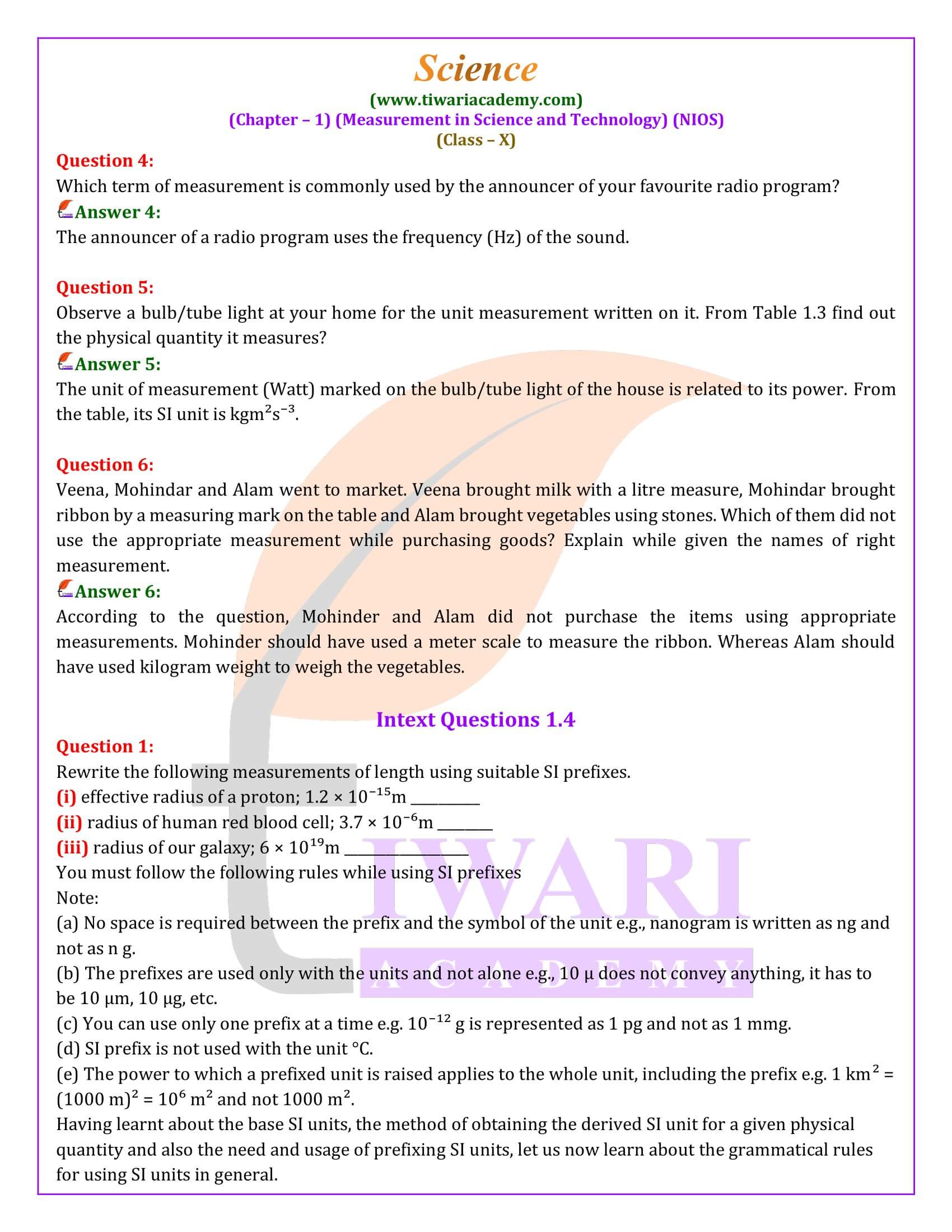 NIOS Class 10 Science Chapter 1 Measurement