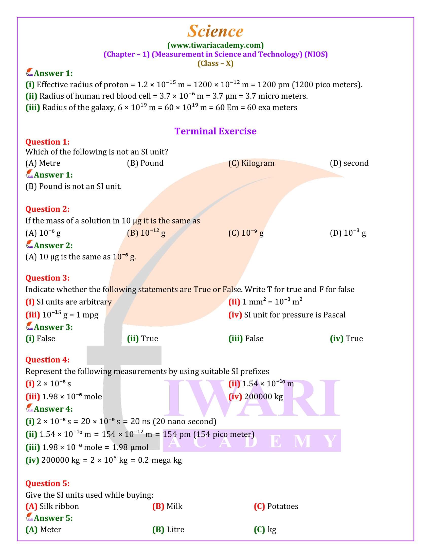 NIOS Class 10 Science Chapter 1 Measurement in Science and Technology in English Medium