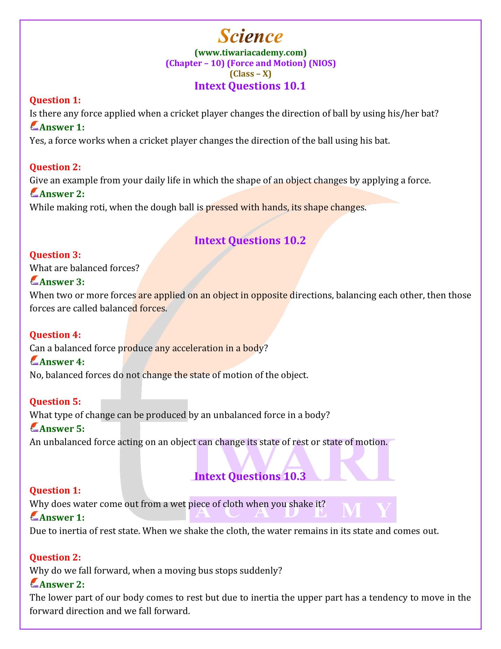 NIOS Class 10 Science Chapter 10 Force and Motion Solutions