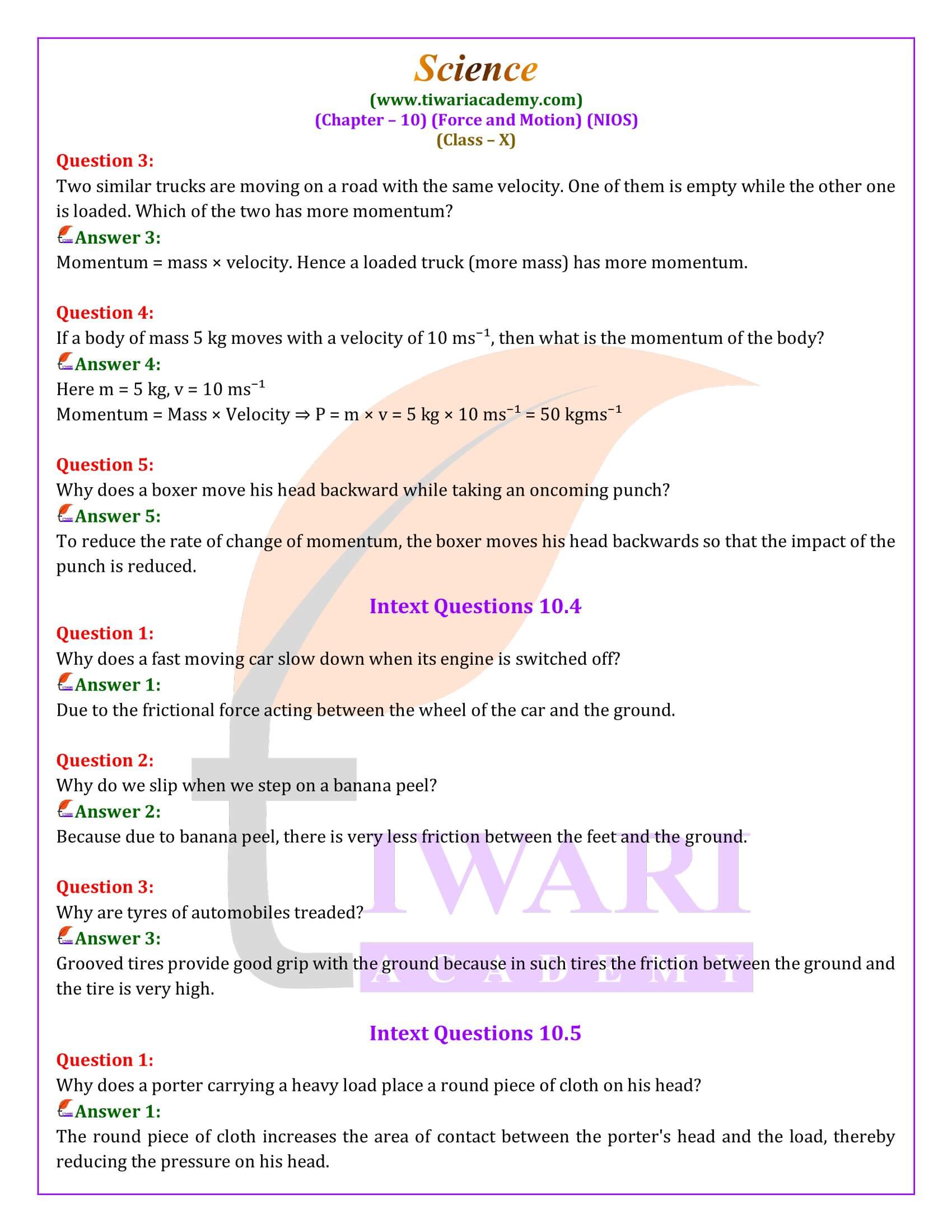 NIOS Class 10 Science Chapter 10 Force and Motion Question Answers