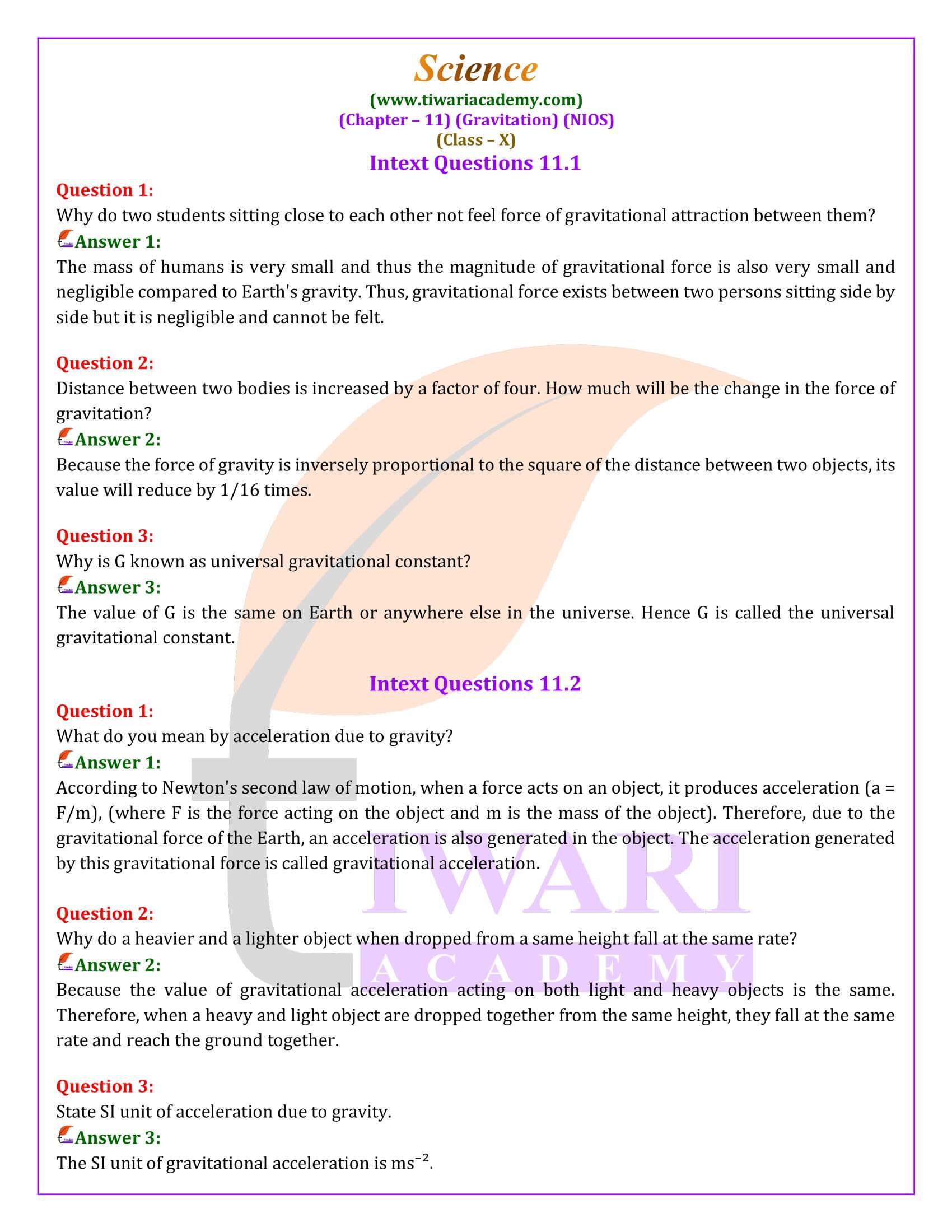 NIOS Class 10 Science Chapter 11 Gravitation Solutions