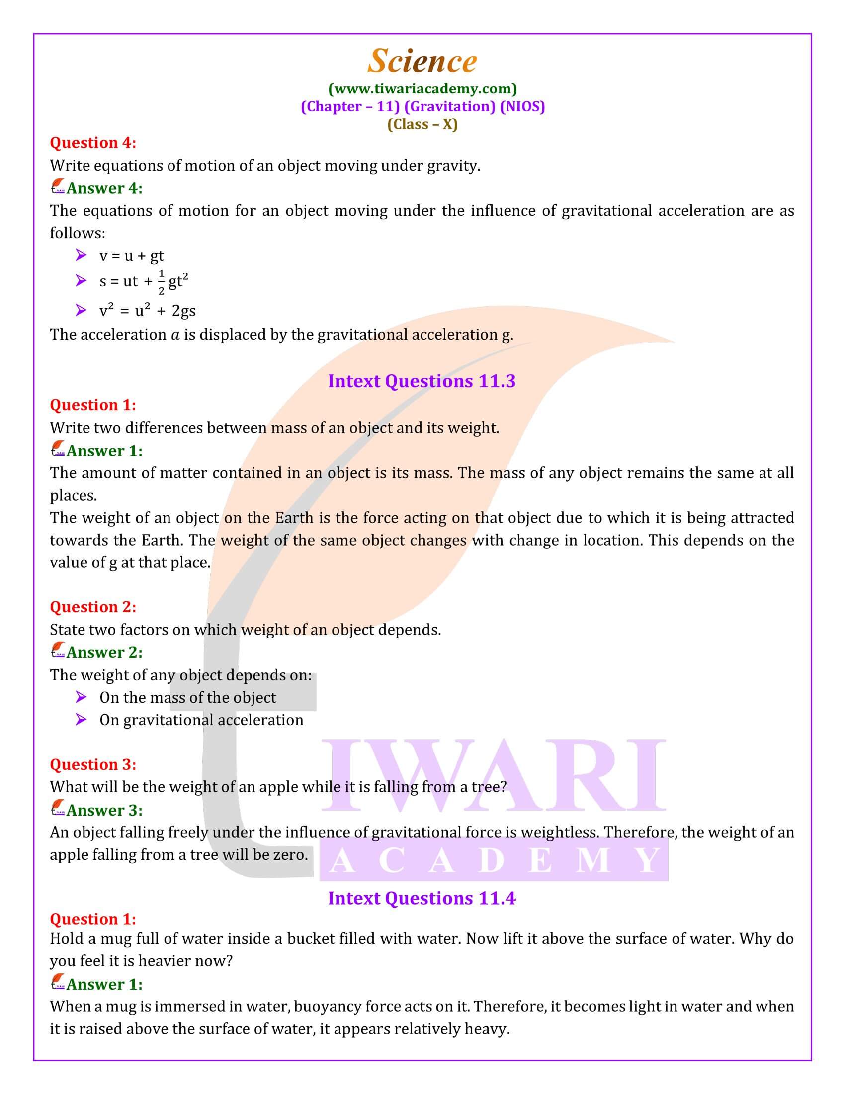 NIOS Class 10 Science Chapter 11 Gravitation Question Answers