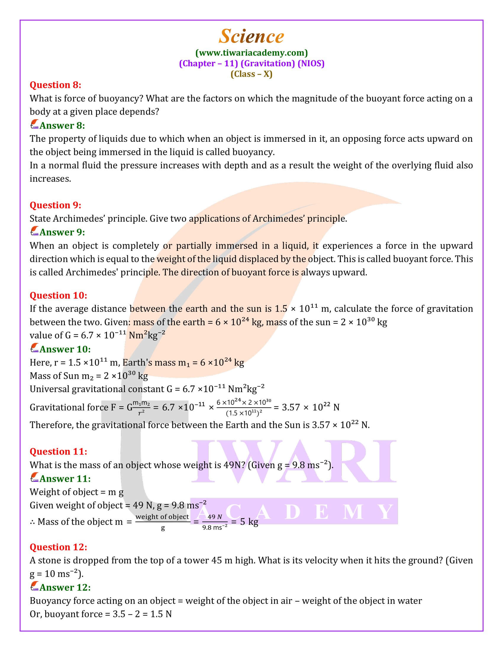 NIOS Class 10 Science Chapter 11 Answers