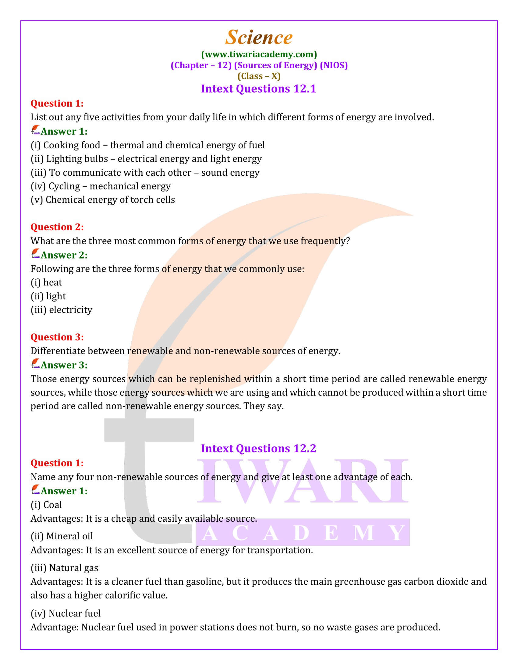 NIOS Class 10 Science Chapter 12 Sources of Energy Solutions