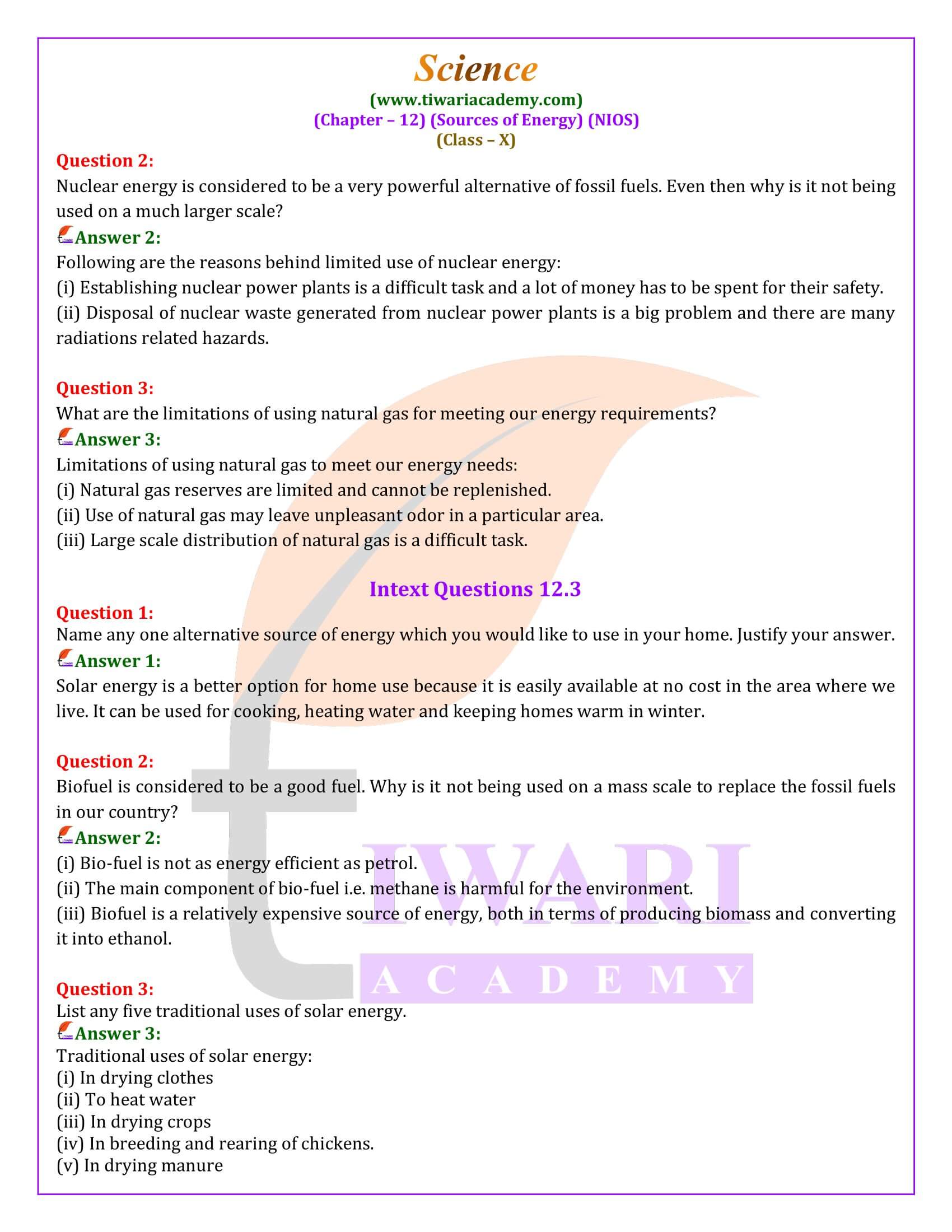 NIOS Class 10 Science Chapter 12 Sources of Energy Question Answers