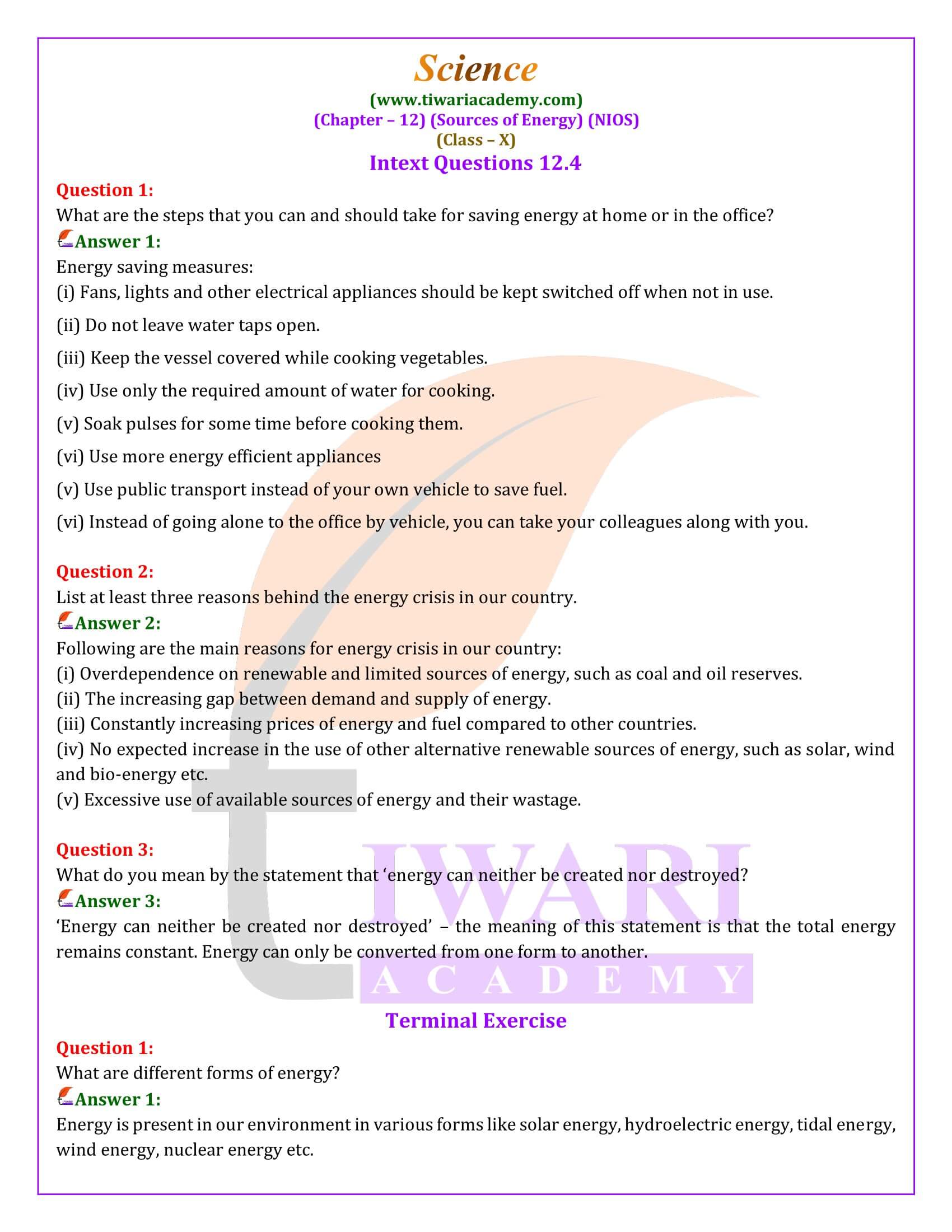 NIOS Class 10 Science Chapter 12 Solutions