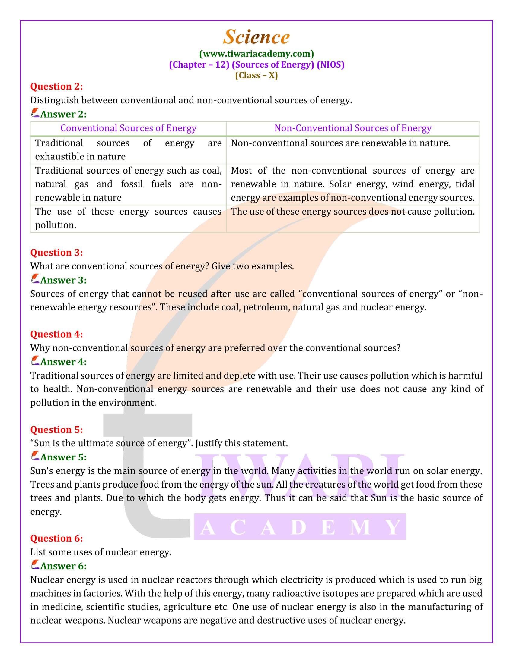 NIOS Class 10 Science Chapter 12 Question Answers