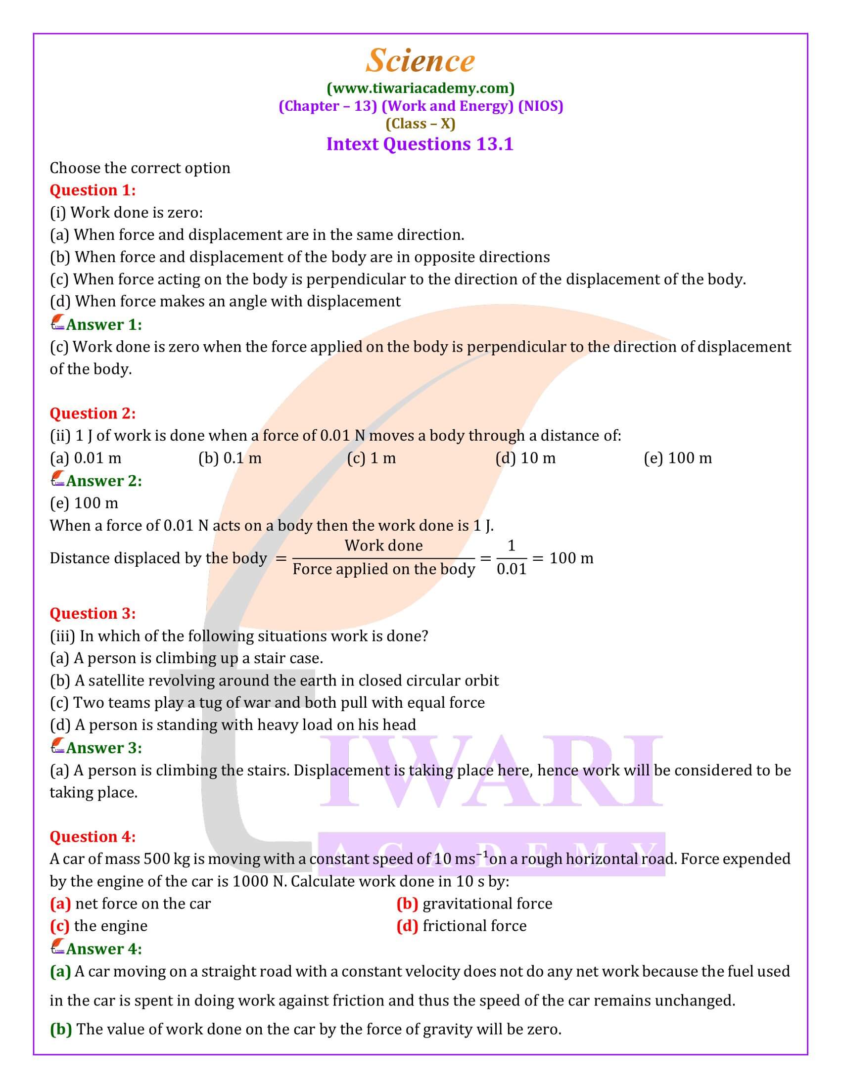 NIOS Class 10 Science Chapter 13 Work and Energy Question Answers