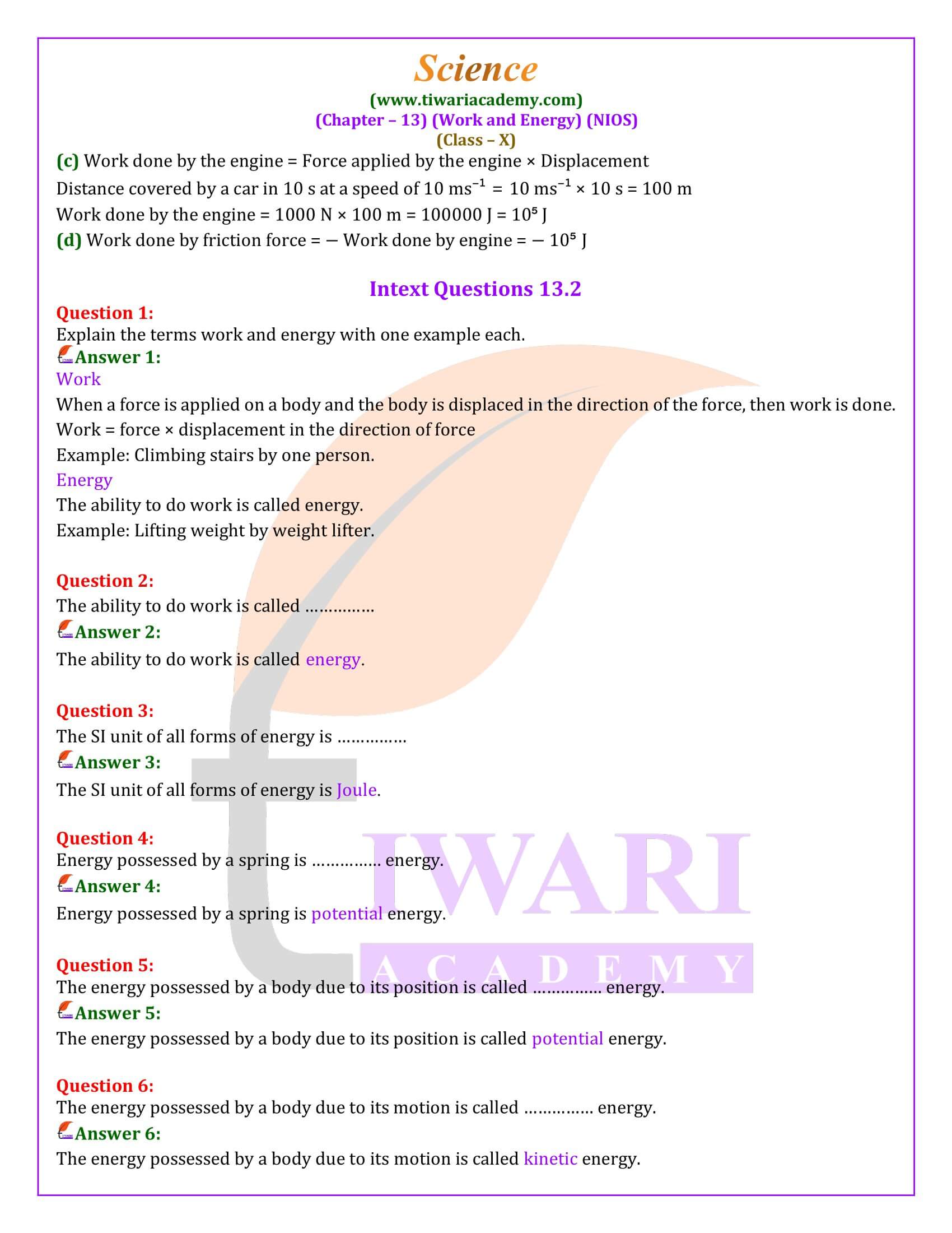 NIOS Class 10 Science Chapter 13 Work and Energy Solutions