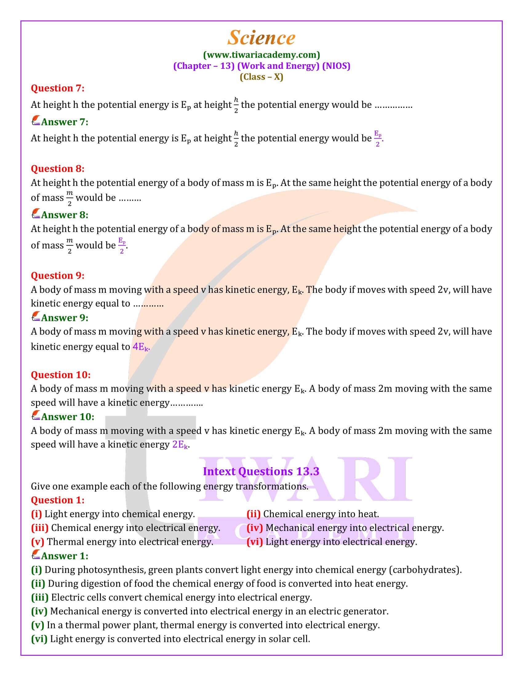 NIOS Class 10 Science Chapter 13 Work and Energy in Hindi and English Medium