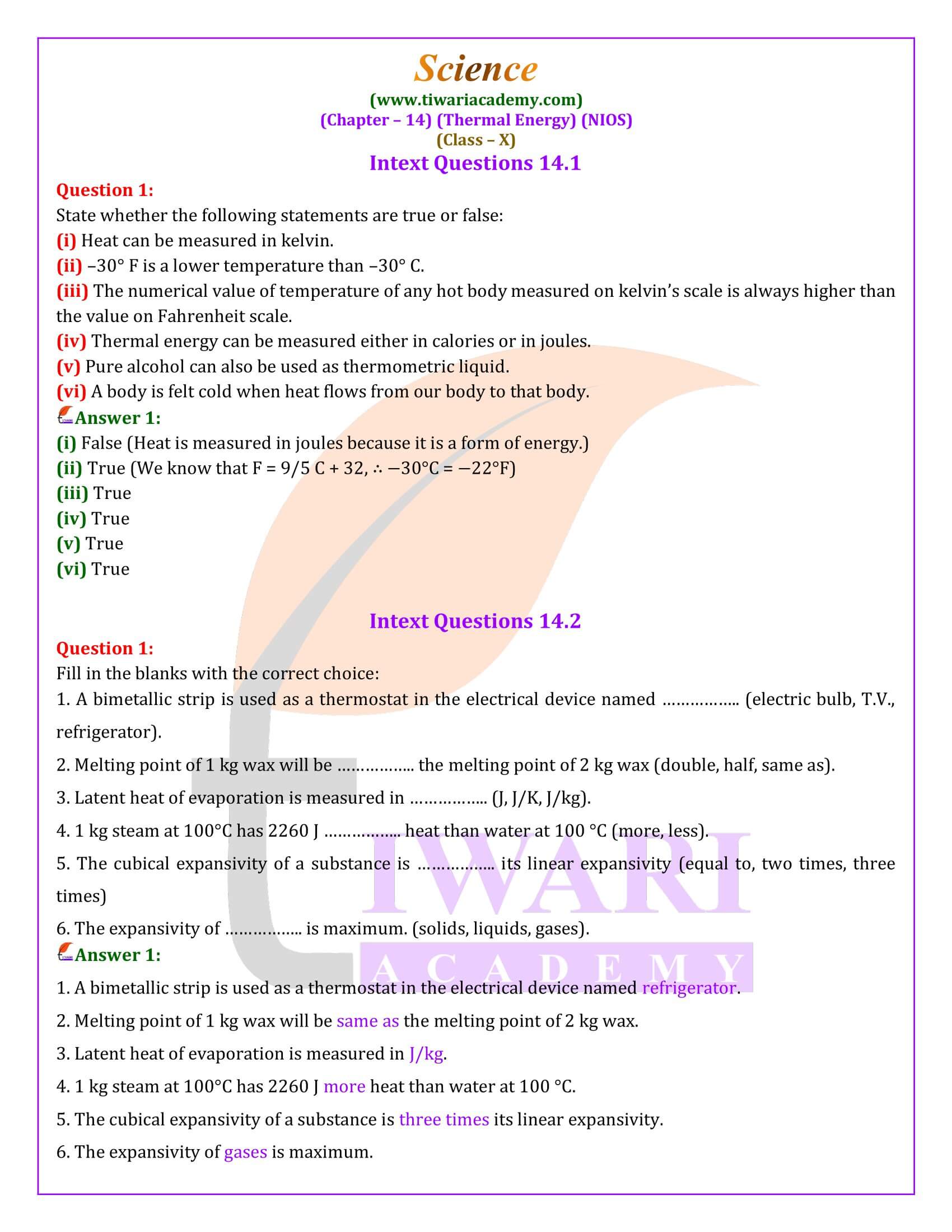 NIOS Class 10 Science Chapter 14 Thermal Energy Question Answers