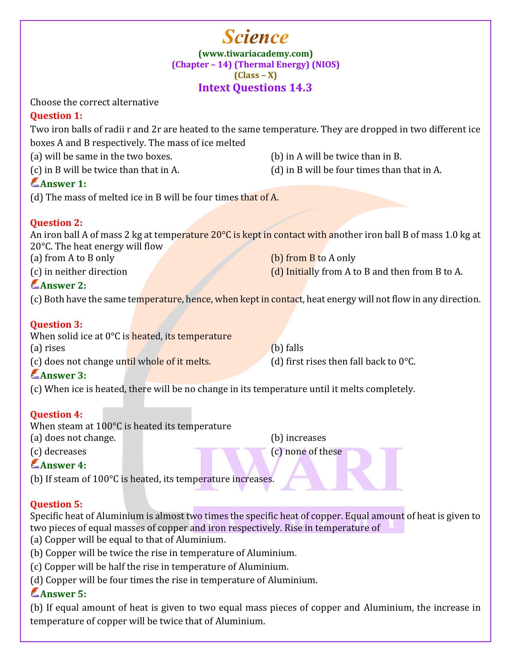 NIOS Class 10 Science Chapter 14 Thermal Energy Solutions