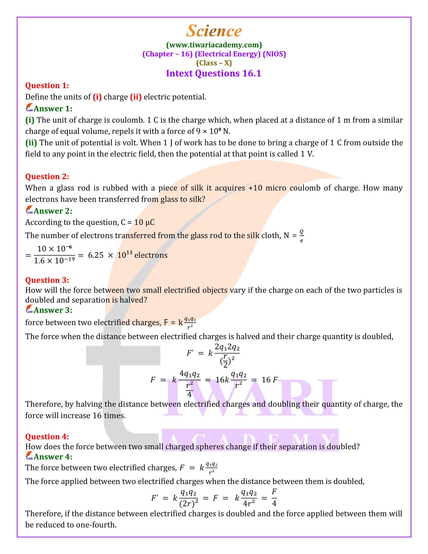 NIOS Class 10 Science Chapter 16 Electrical Energy Question Answers