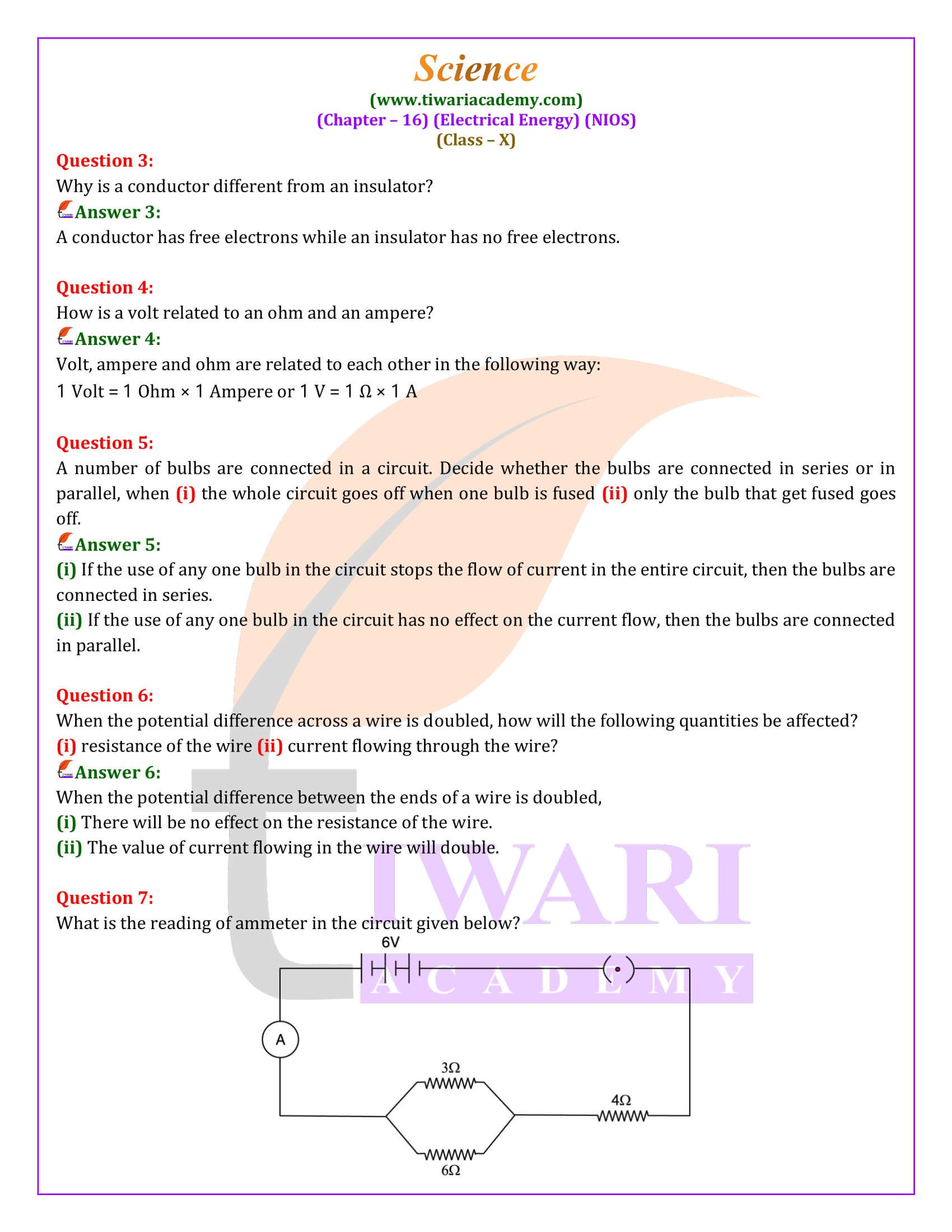 NIOS Class 10 Science Chapter 16 Electrical Energy in Hindi and English Medium