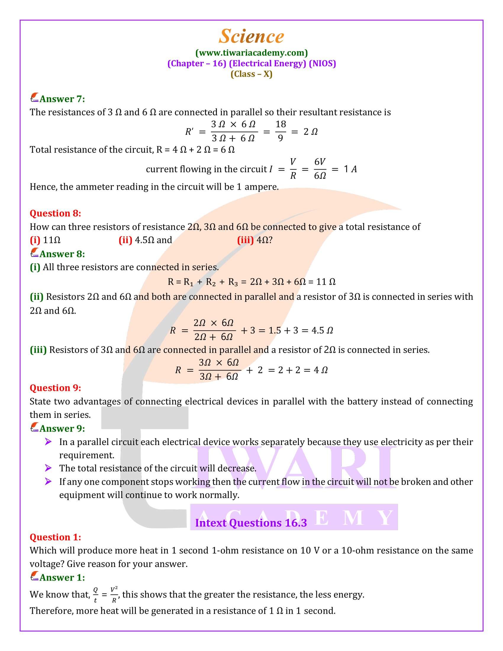 NIOS Class 10 Science Chapter 16 Electrical Energy Answer guide