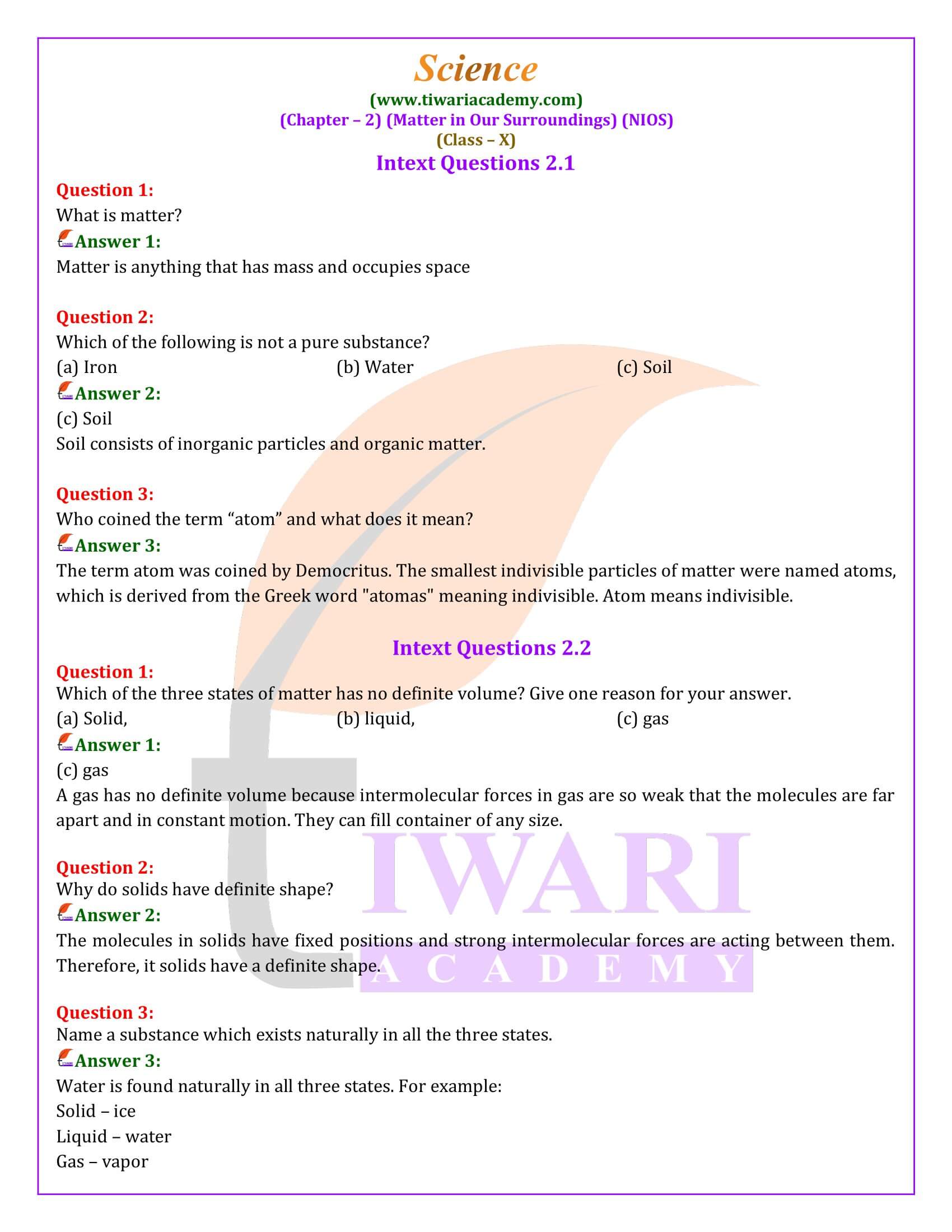 NIOS Class 10 Science Chapter 2 Matter in Our Surroundings Solutions