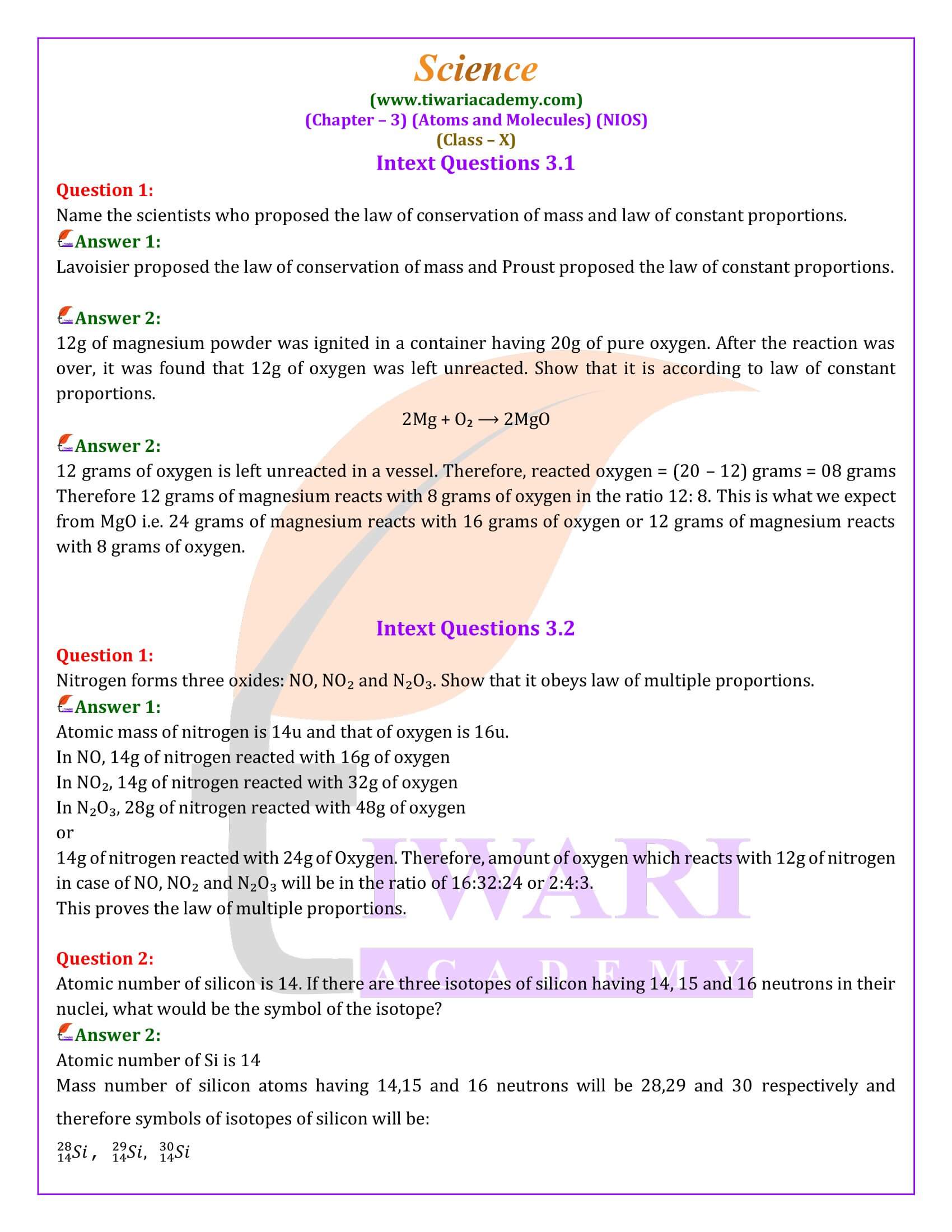 NIOS Class 10 Science Chapter 3 Atoms and Molecules Answers