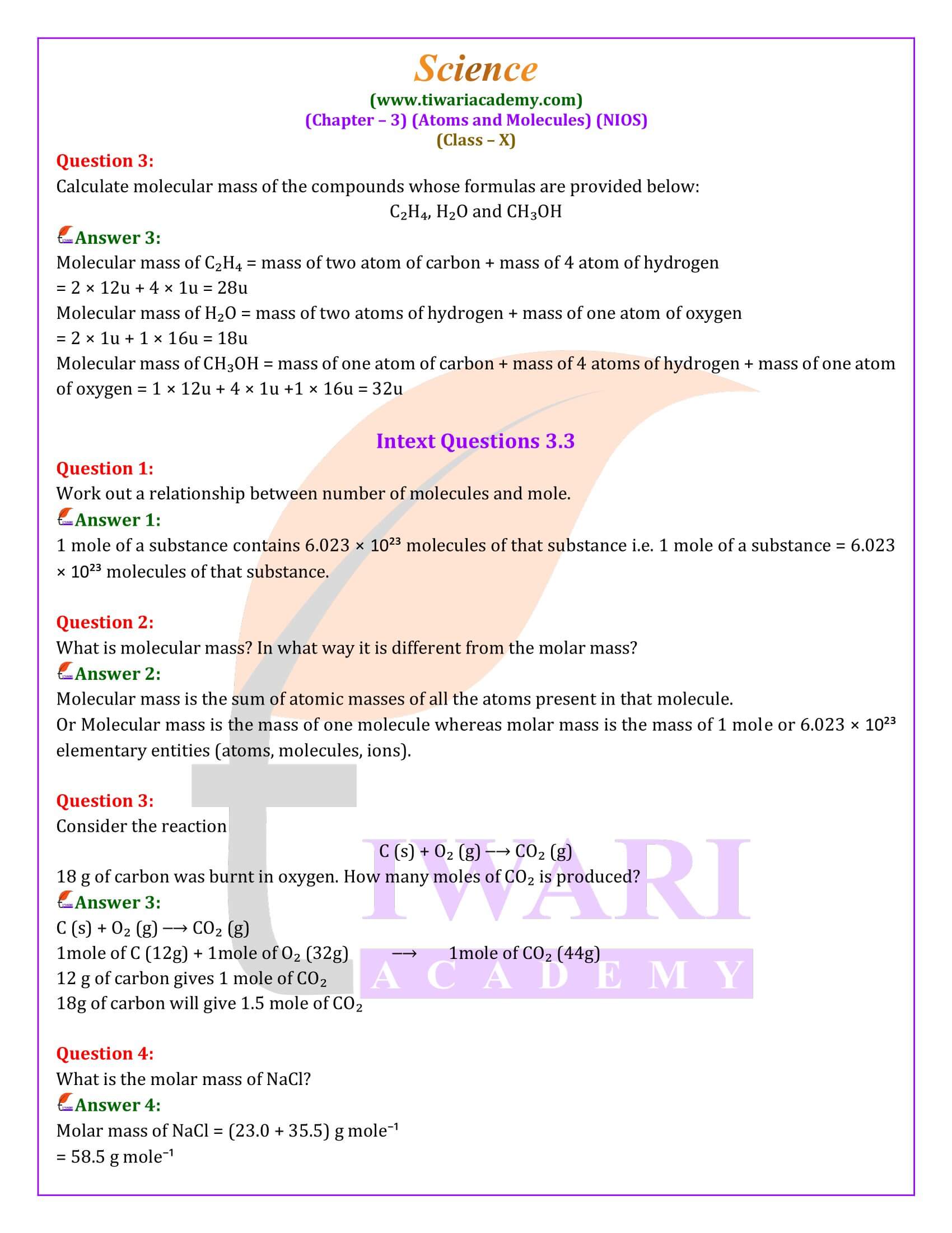 NIOS Class 10 Science Chapter 3 Atoms and Molecules Solutions