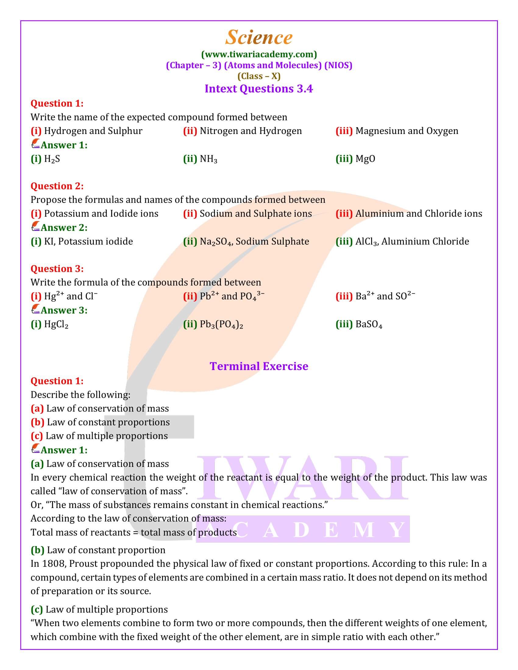 NIOS Class 10 Science Chapter 3 Atoms and Molecules in English