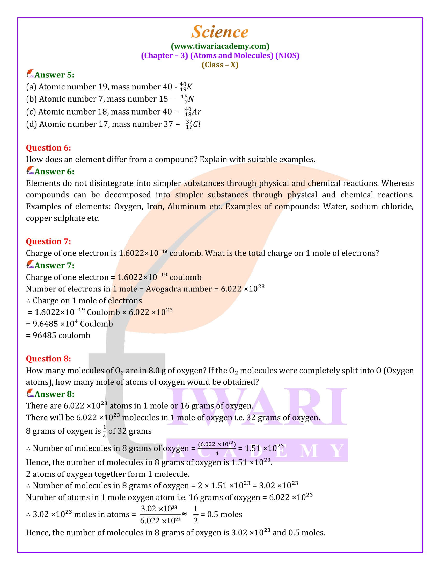 NIOS Class 10 Science Chapter 3 Atoms and Molecules Guide in English Medium