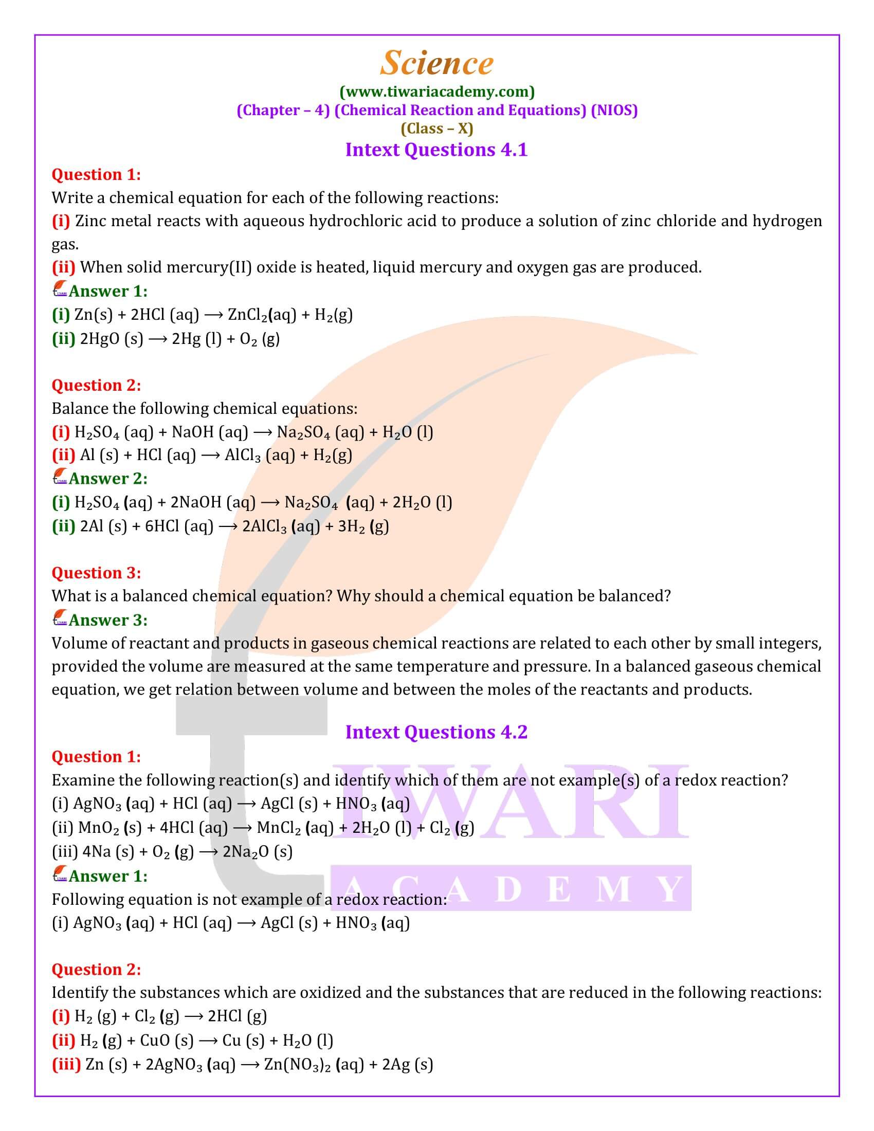 NIOS Class 10 Science Chapter 4 Chemical Reaction and Equations Solutions