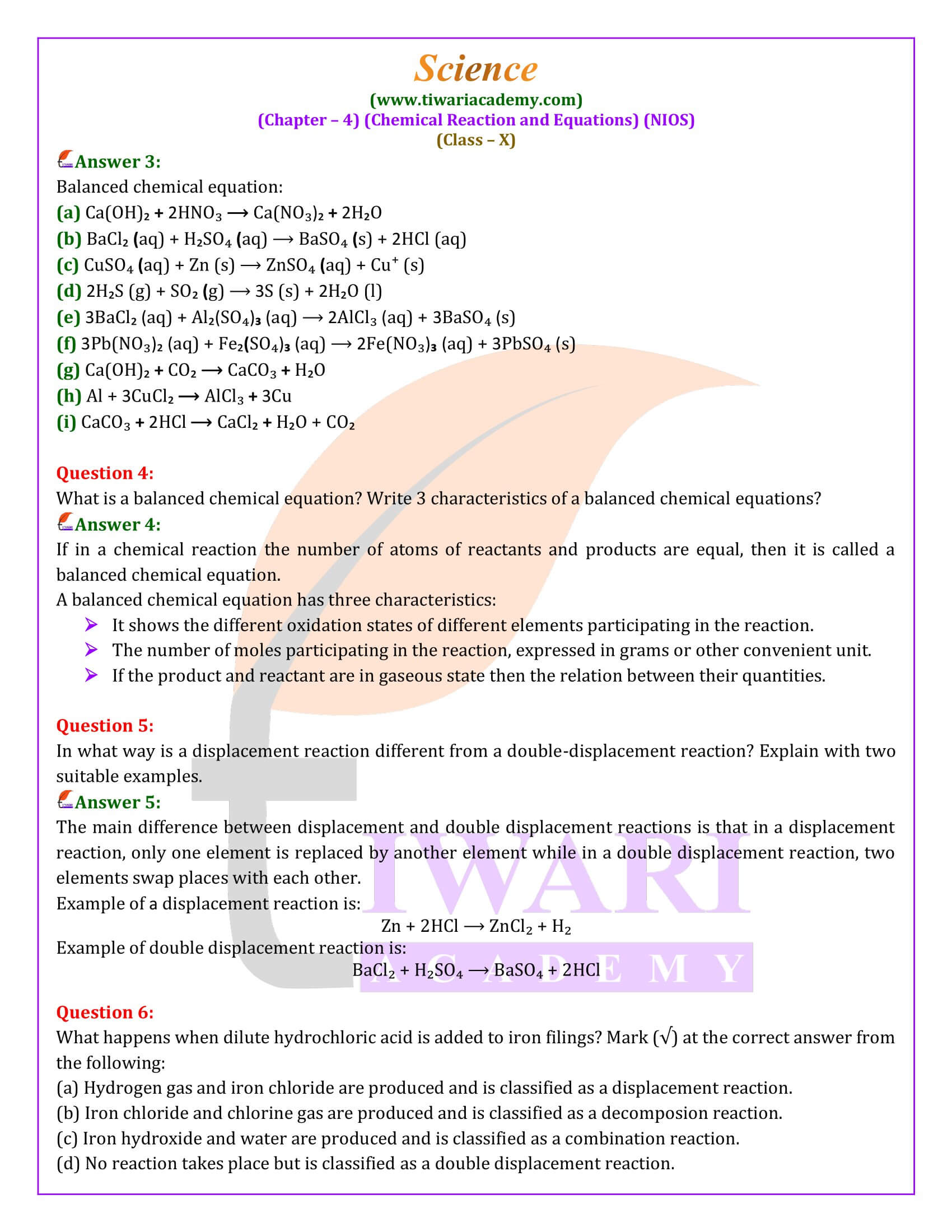 NIOS Class 10 Science Chapter 4 Chemical Reaction and Equations in English Medium