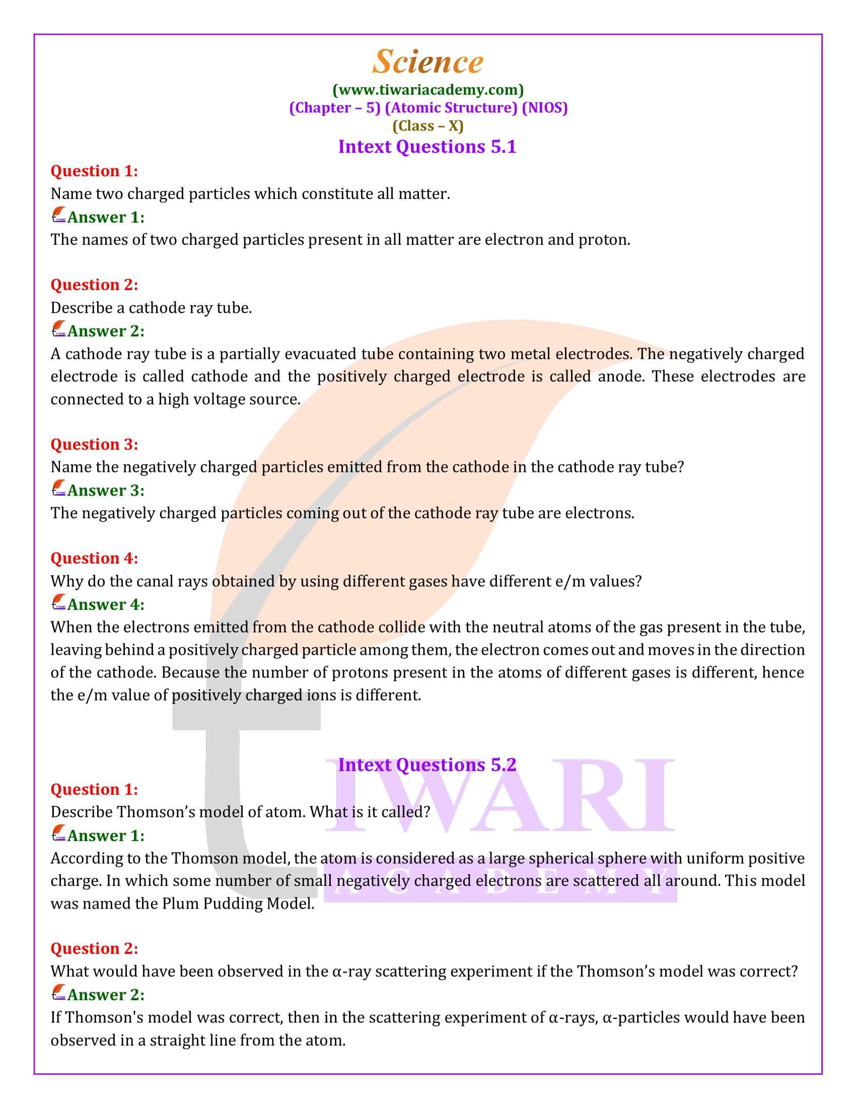 NIOS Class 10 Science Chapter 5 Atomic Structure Question Answers