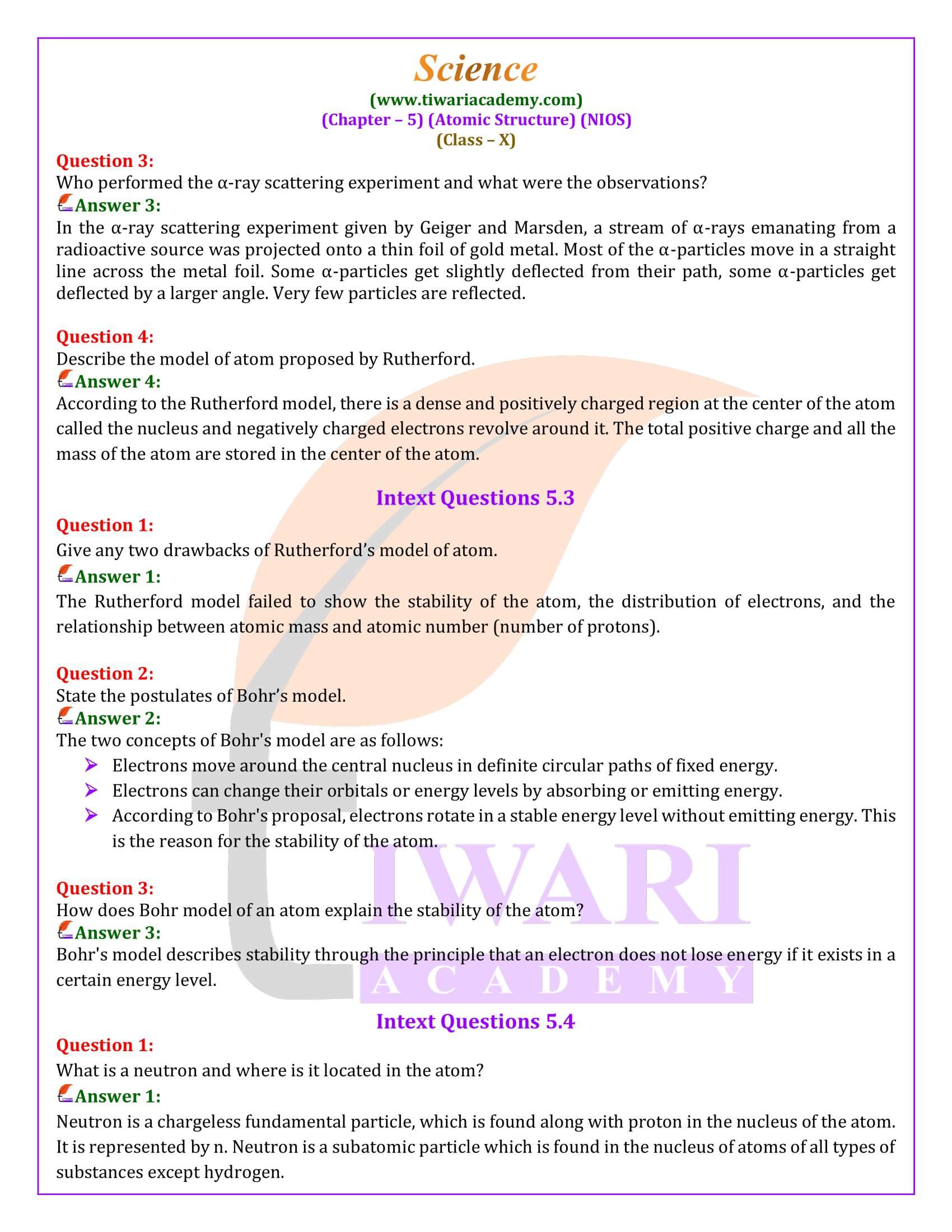 NIOS Class 10 Science Chapter 5 Atomic Structure Exercises Answers