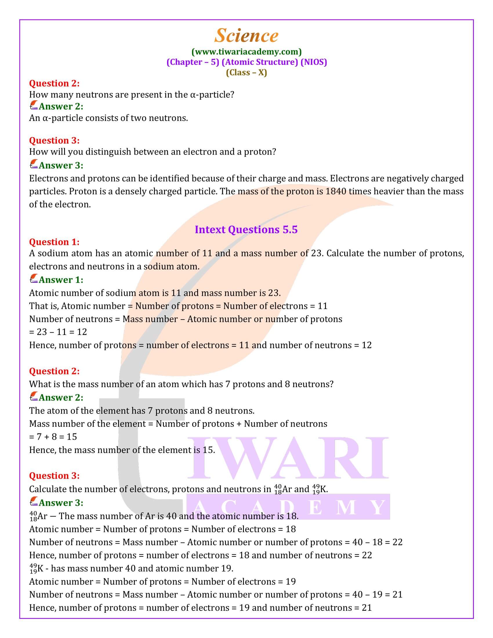 NIOS Class 10 Science Chapter 5 Atomic Structure Solutions