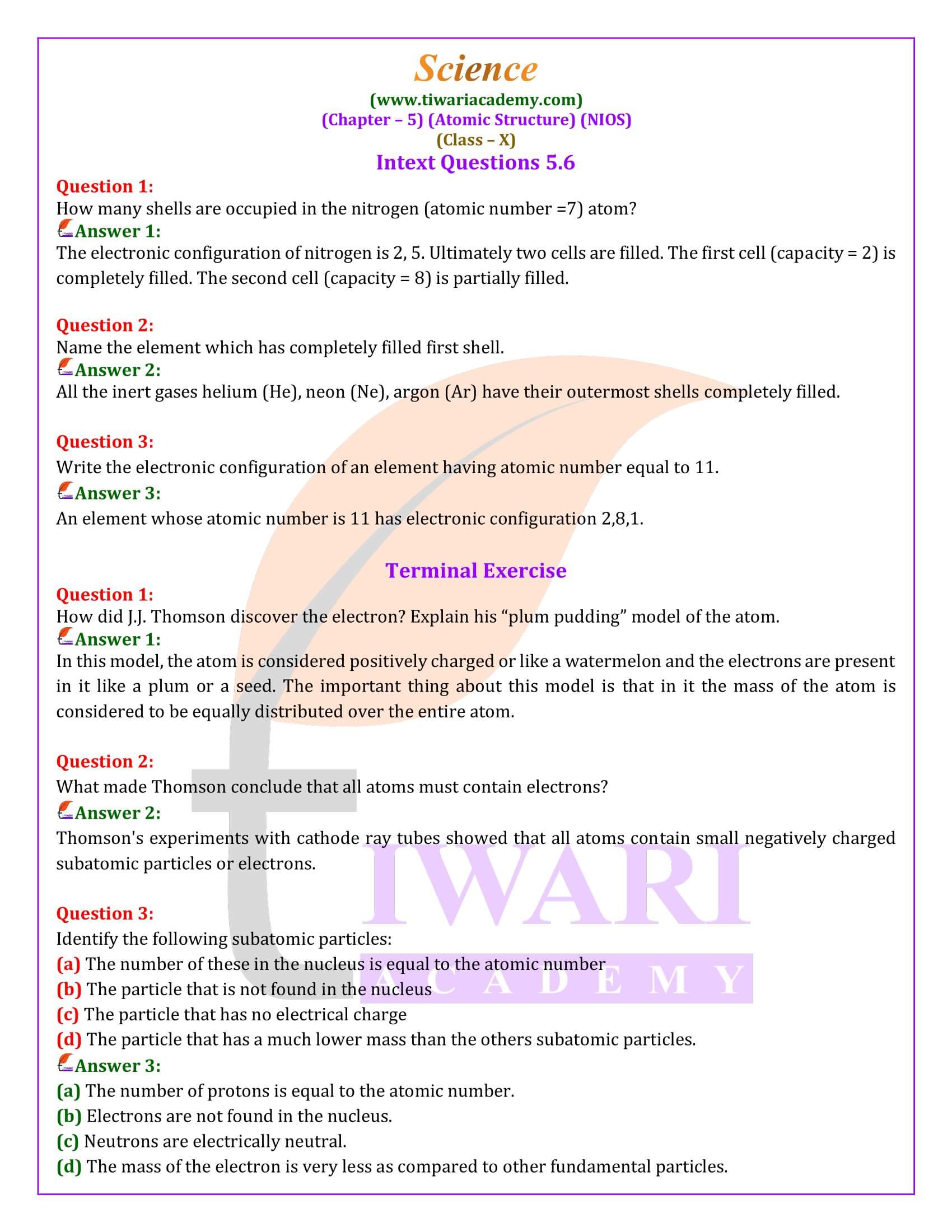 NIOS Class 10 Science Chapter 5 Atomic Structure Guide free