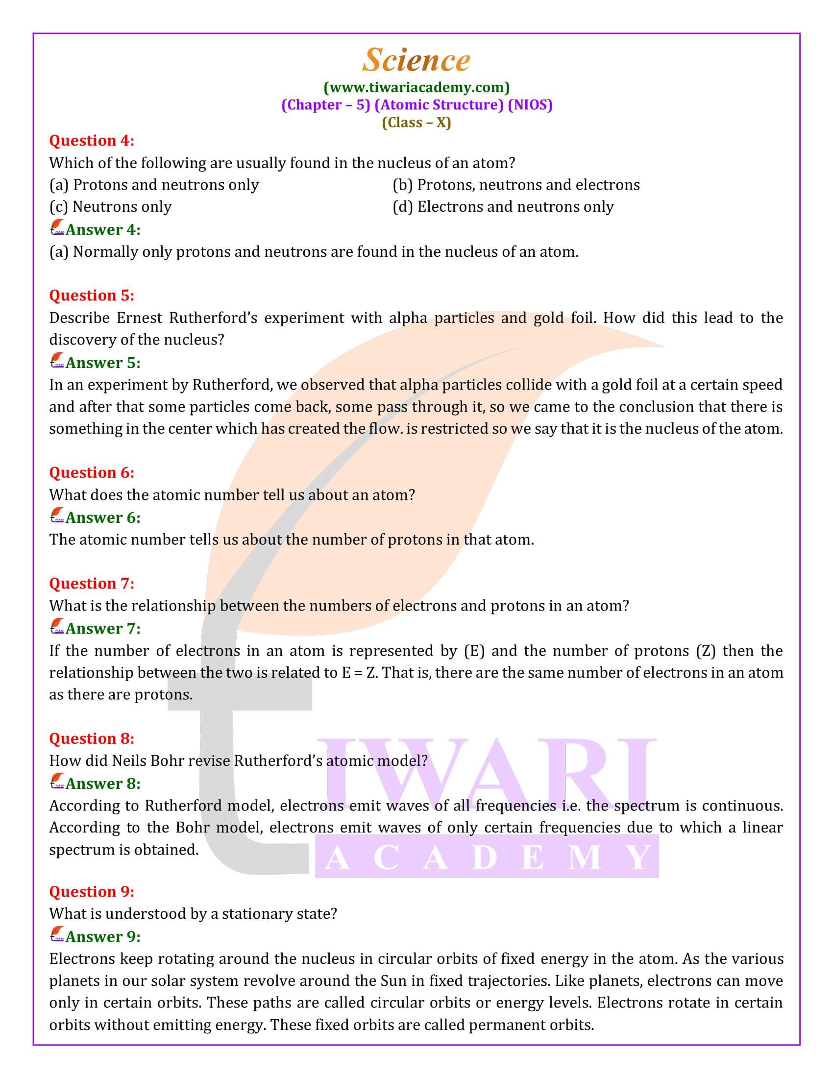 NIOS Class 10 Science Chapter 5 Atomic Structure free solutions