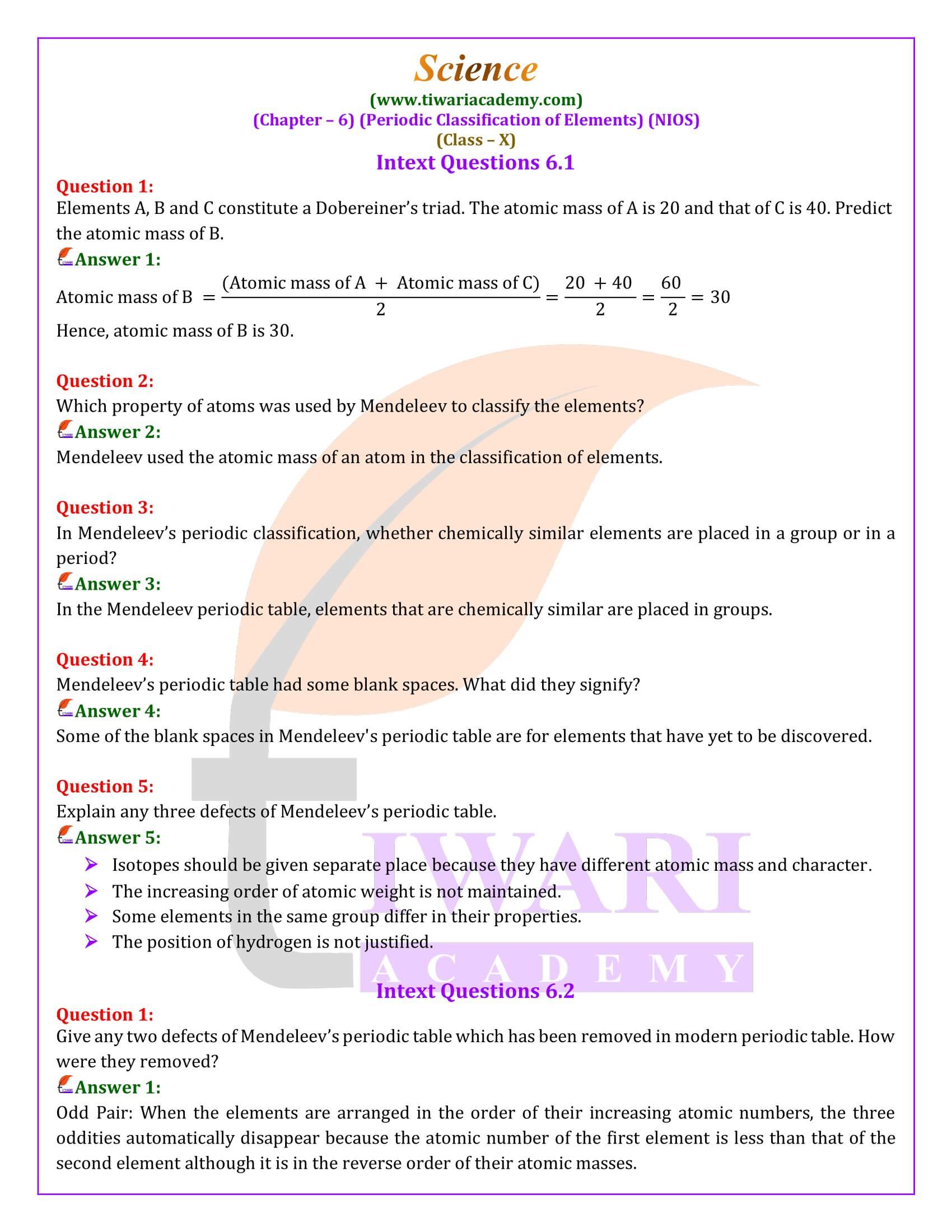NIOS Class 10 Science Chapter 6 Periodic Classification of Elements Question Answers