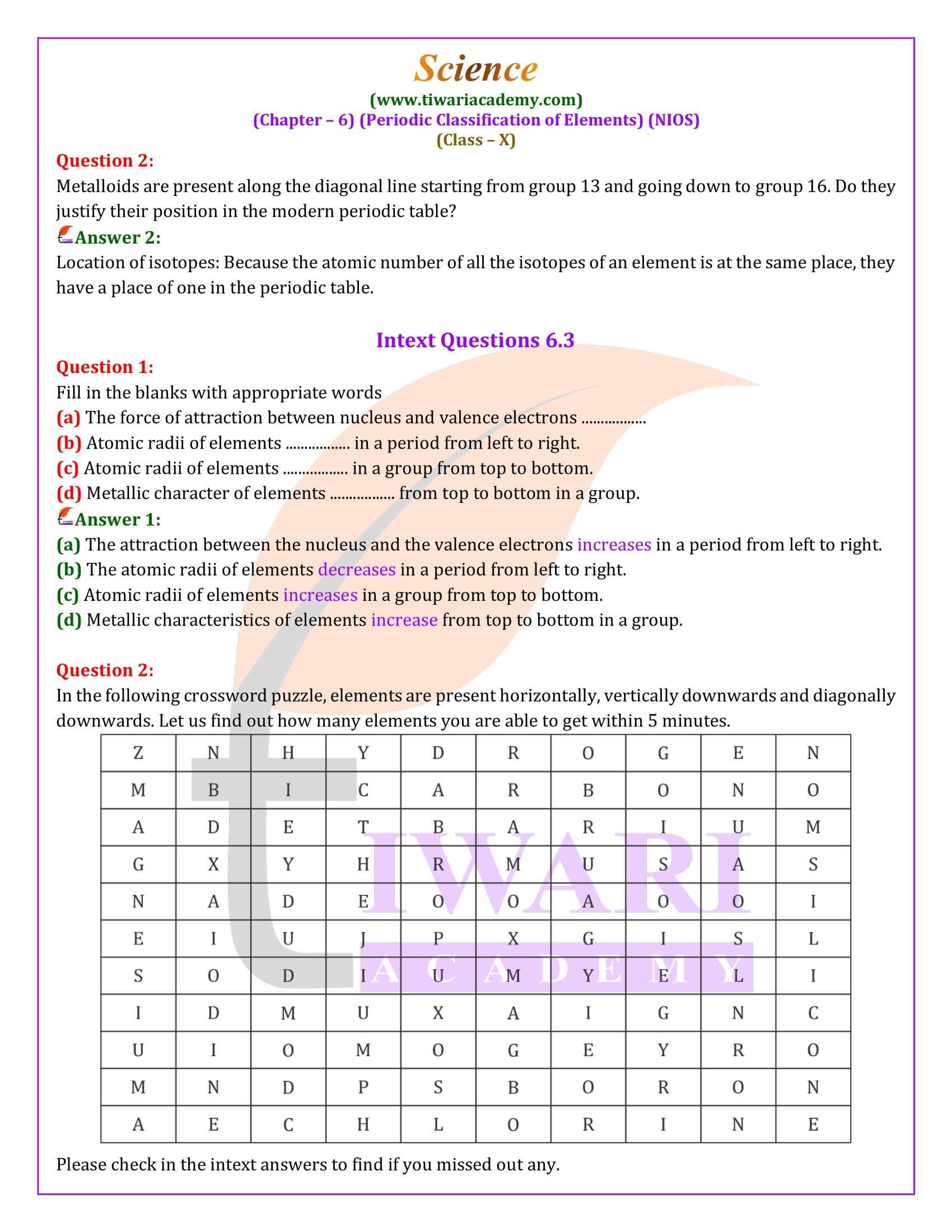 NIOS Class 10 Science Chapter 6 Periodic Classification of Elements Solutions