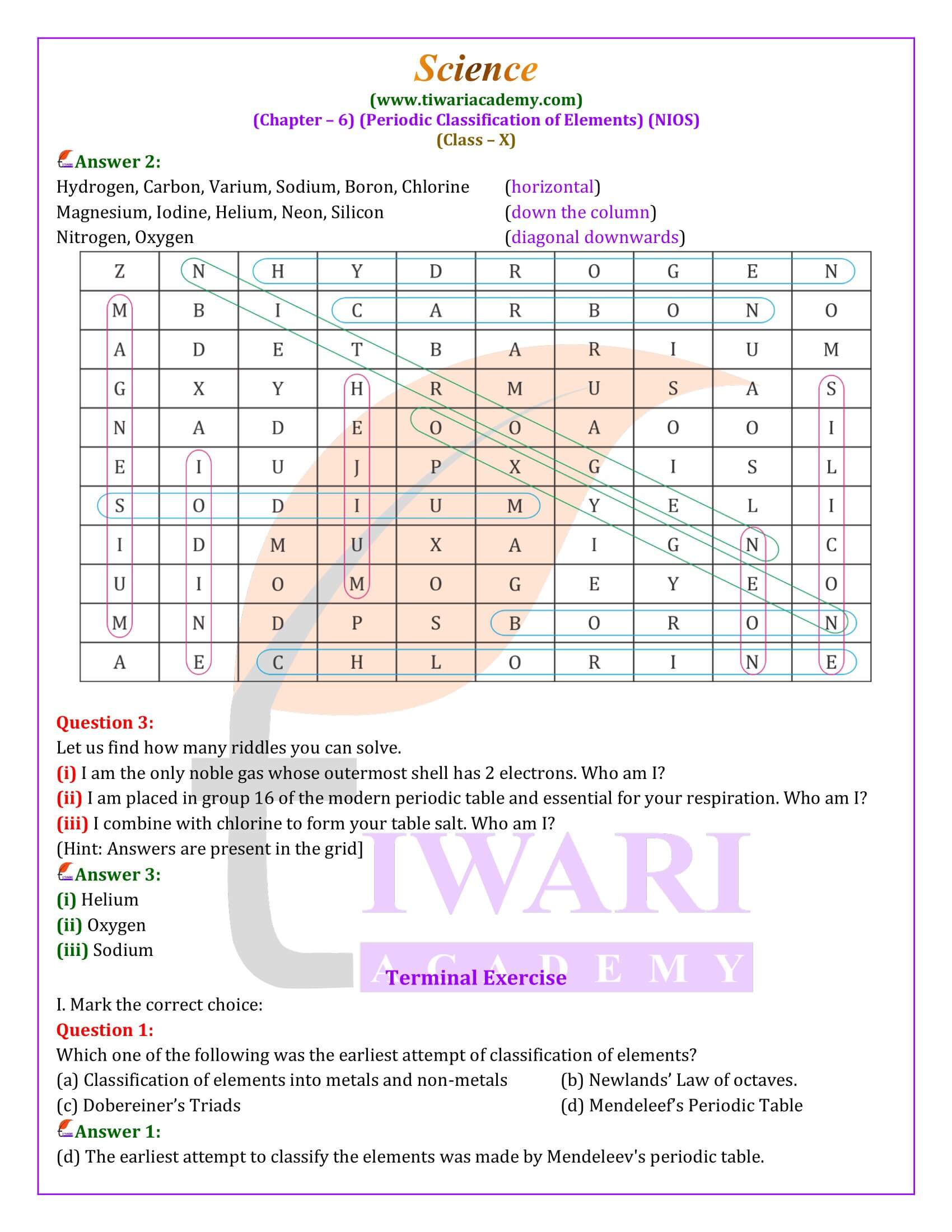 NIOS Class 10 Science Chapter 6 Periodic Classification of Elements guide
