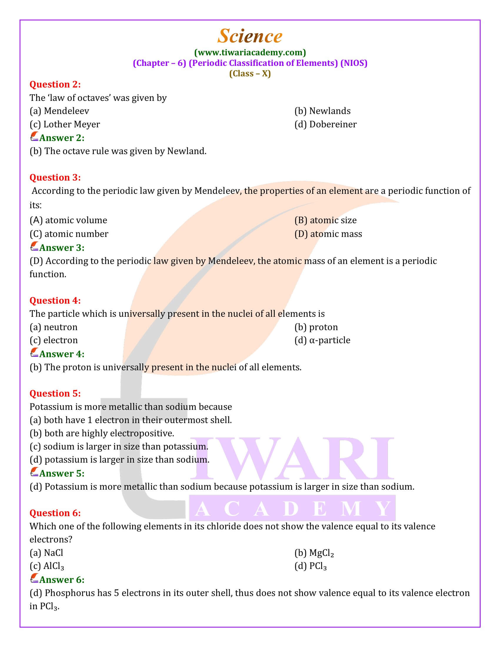 NIOS Class 10 Science Chapter 6 Periodic Classification of Elements QA