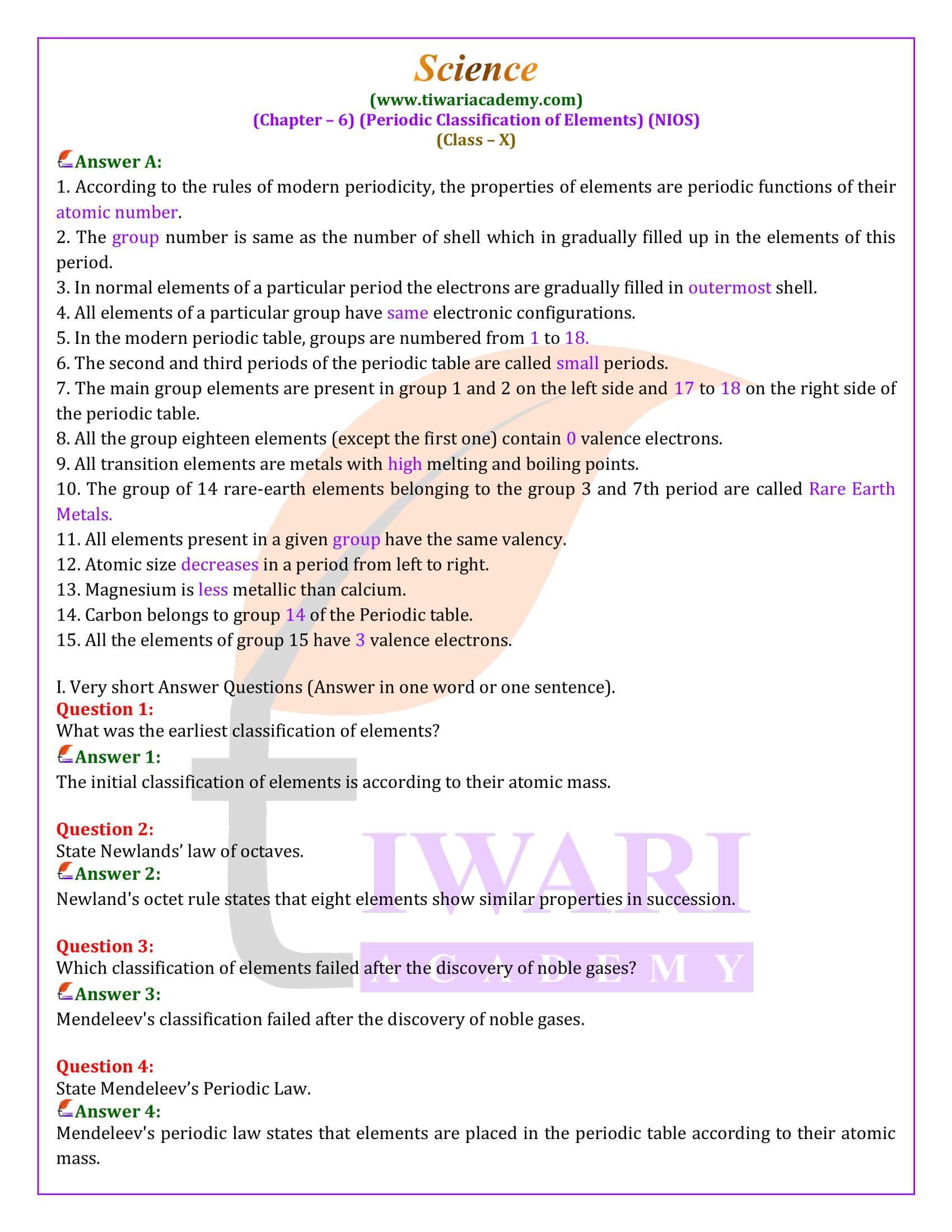 NIOS Class 10 Science Chapter 6 Answers in Hindi Medium