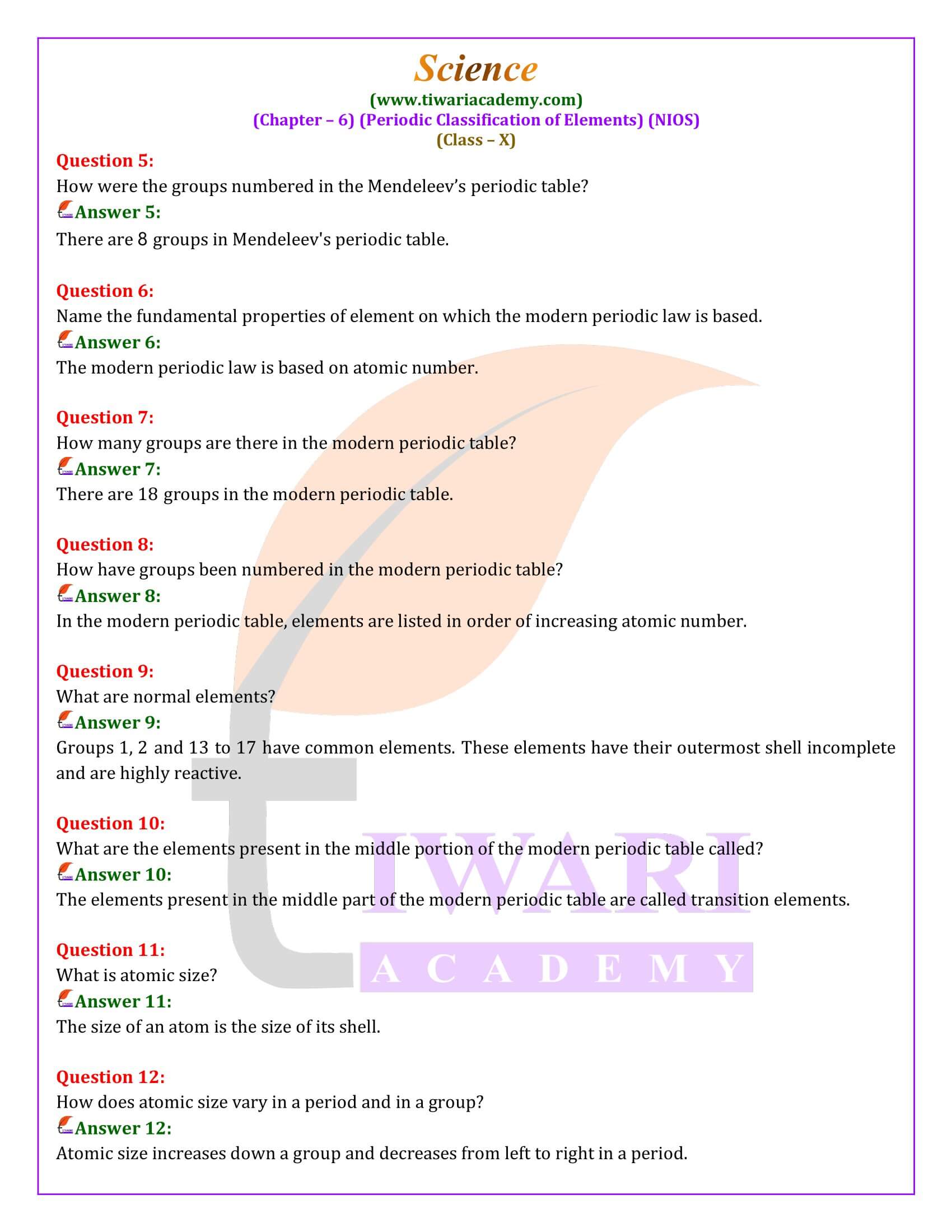 NIOS Class 10 Science Chapter 6 Periodic Classification