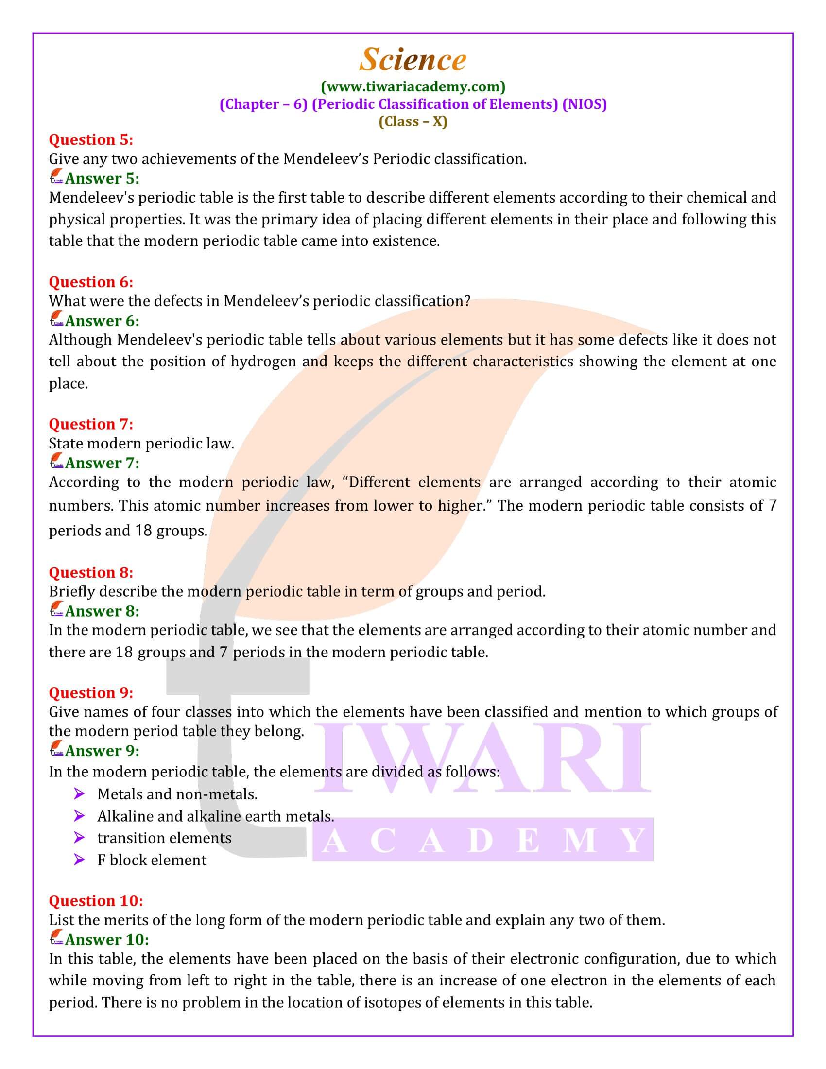 NIOS Class 10 Science Chapter 6 Periodic Classification of Elements in English Medium