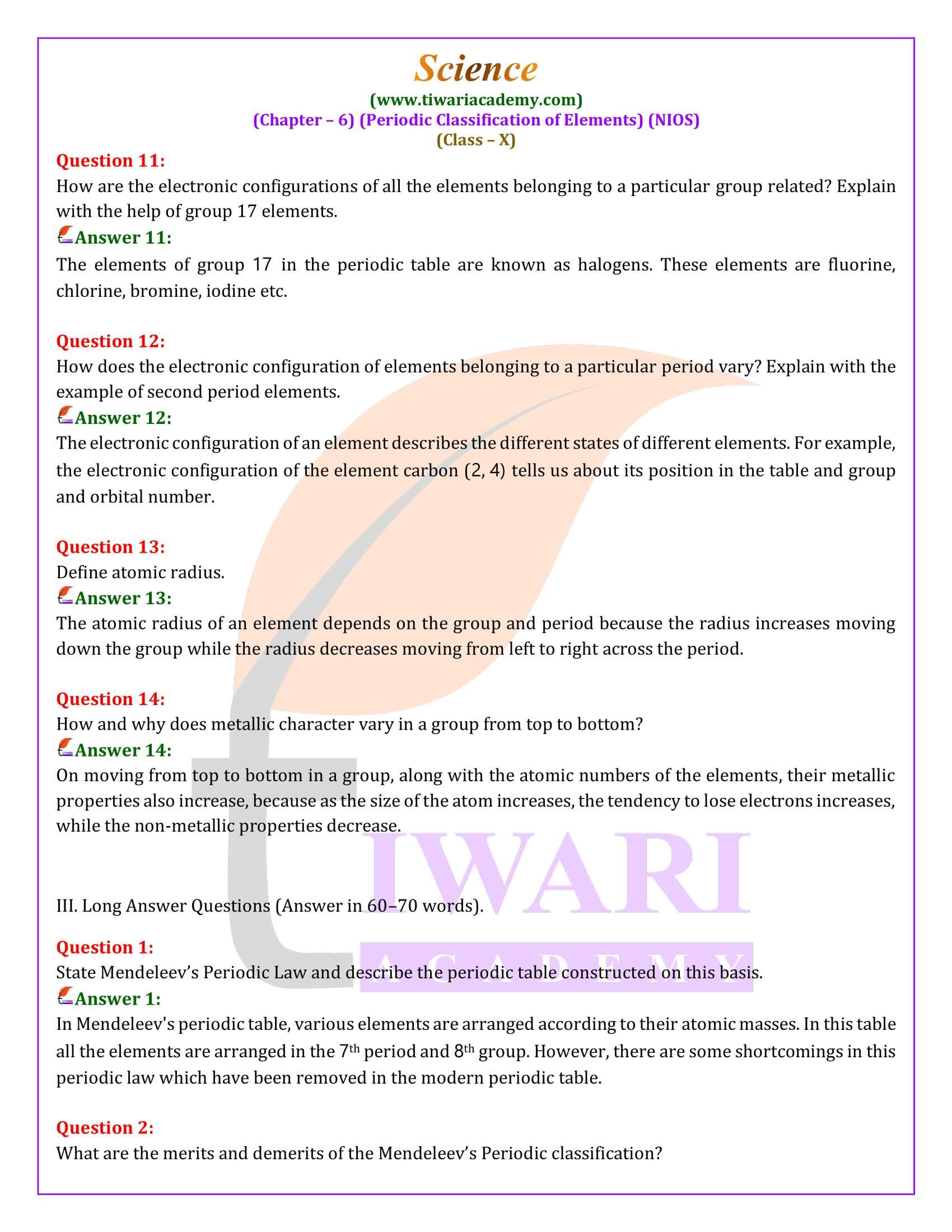 NIOS Class 10 Science Chapter 6 Periodic Classification of Elements Solutions guide