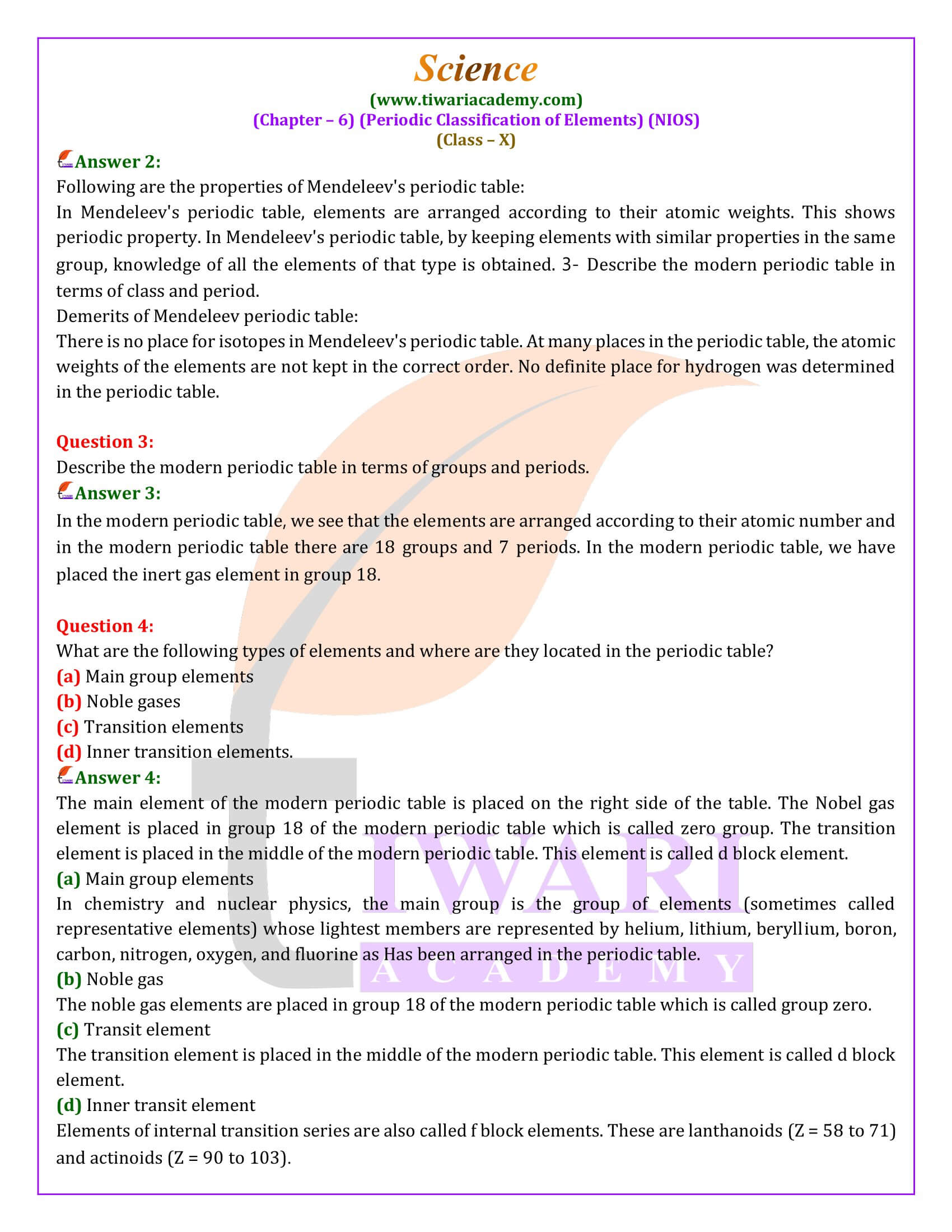 NIOS Class 10 Science Chapter 6 Periodic Classification of Elements HIndi and English Medium