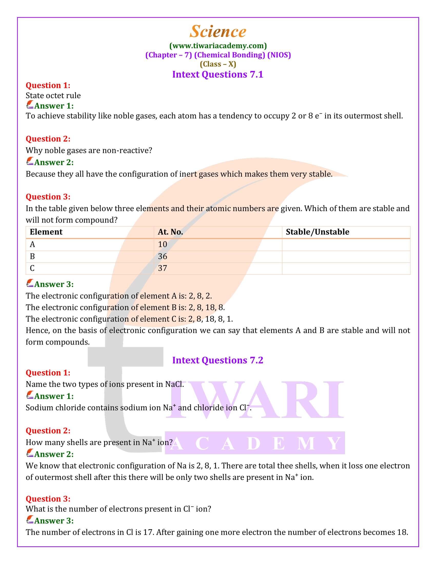 NIOS Class 10 Science Chapter 7 Chemical Bonding Question Answers
