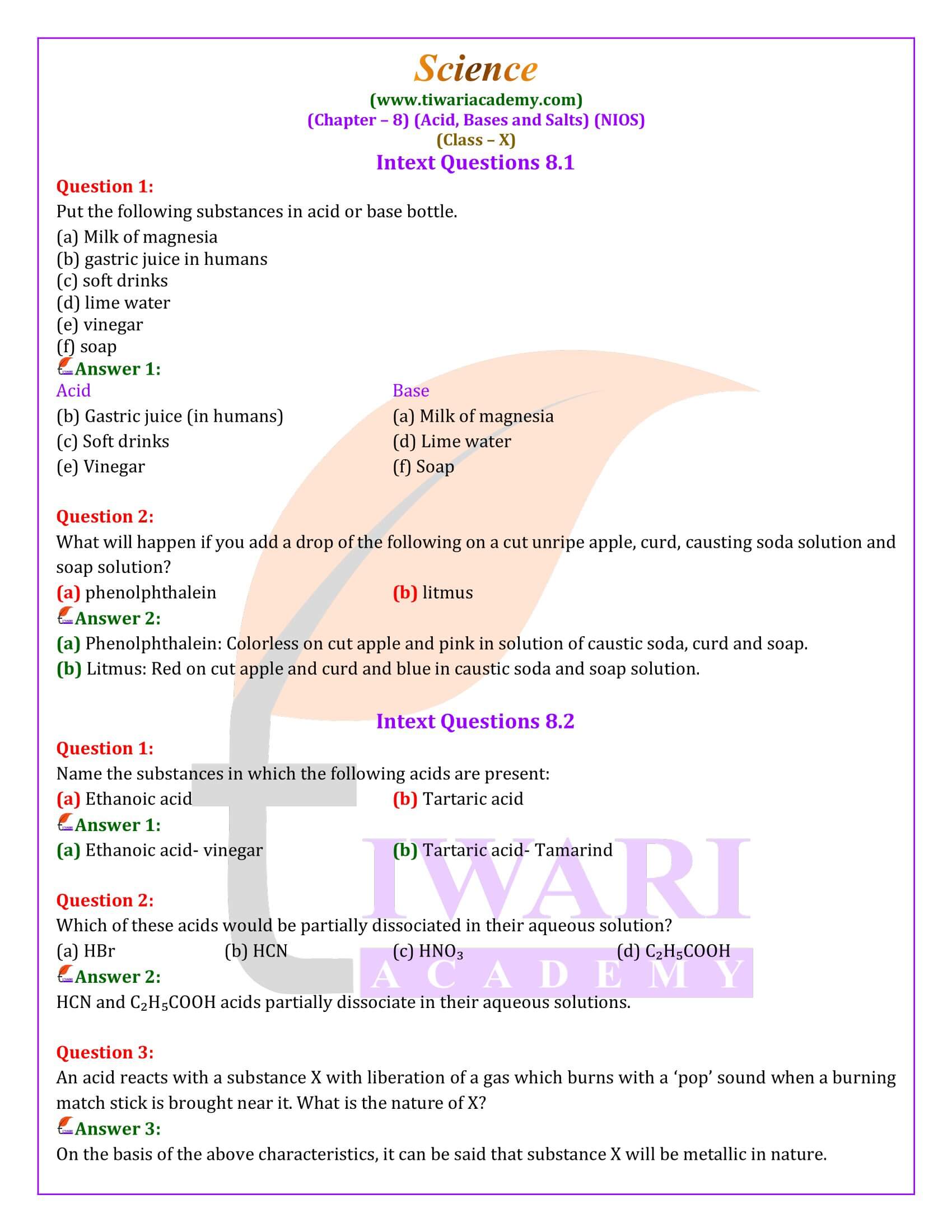 NIOS Class 10 Science Chapter 8 Acids, Bases and Salts Answers