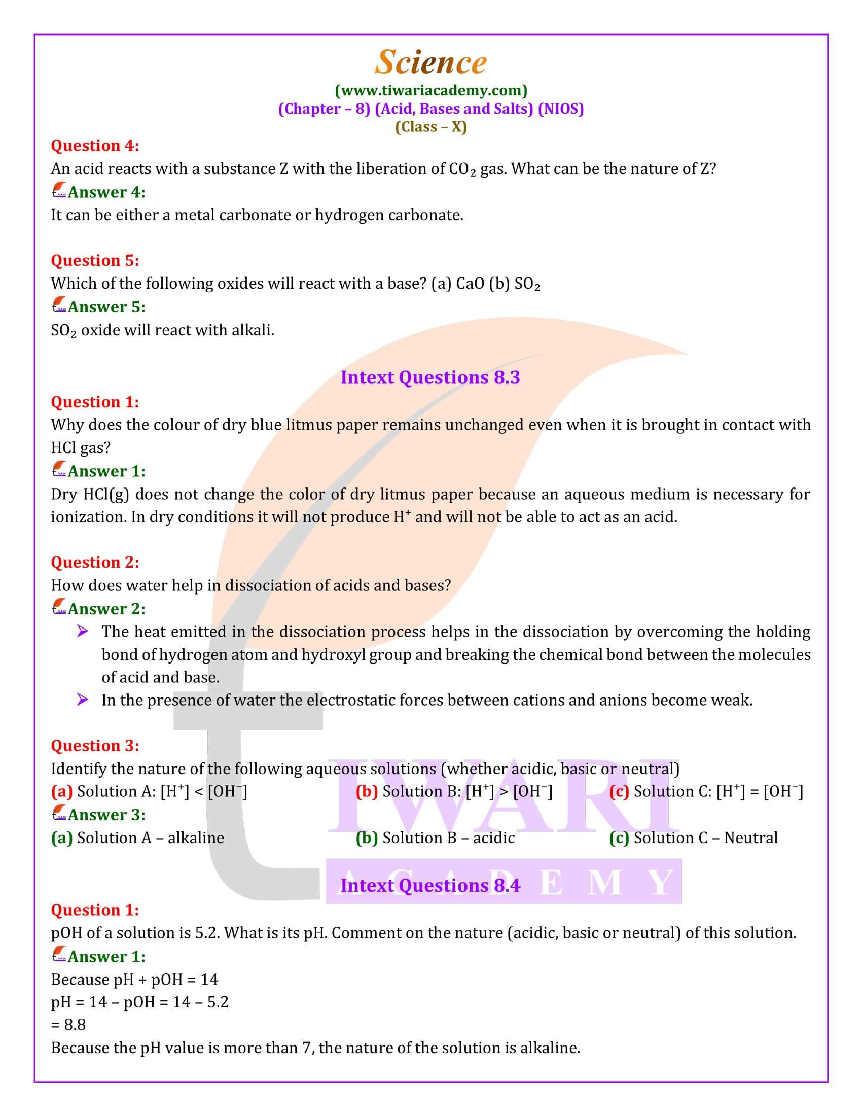 NIOS Class 10 Science Chapter 8 Acids, Bases and Salts Question Answers