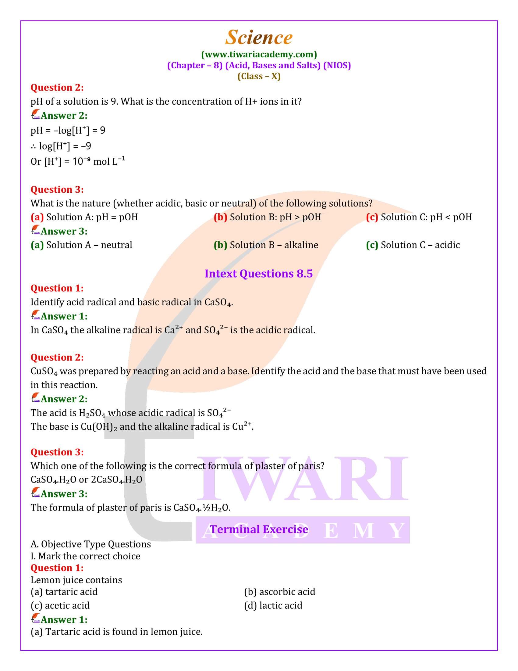 NIOS Class 10 Science Chapter 8 Acids, Bases and Salts Solutions