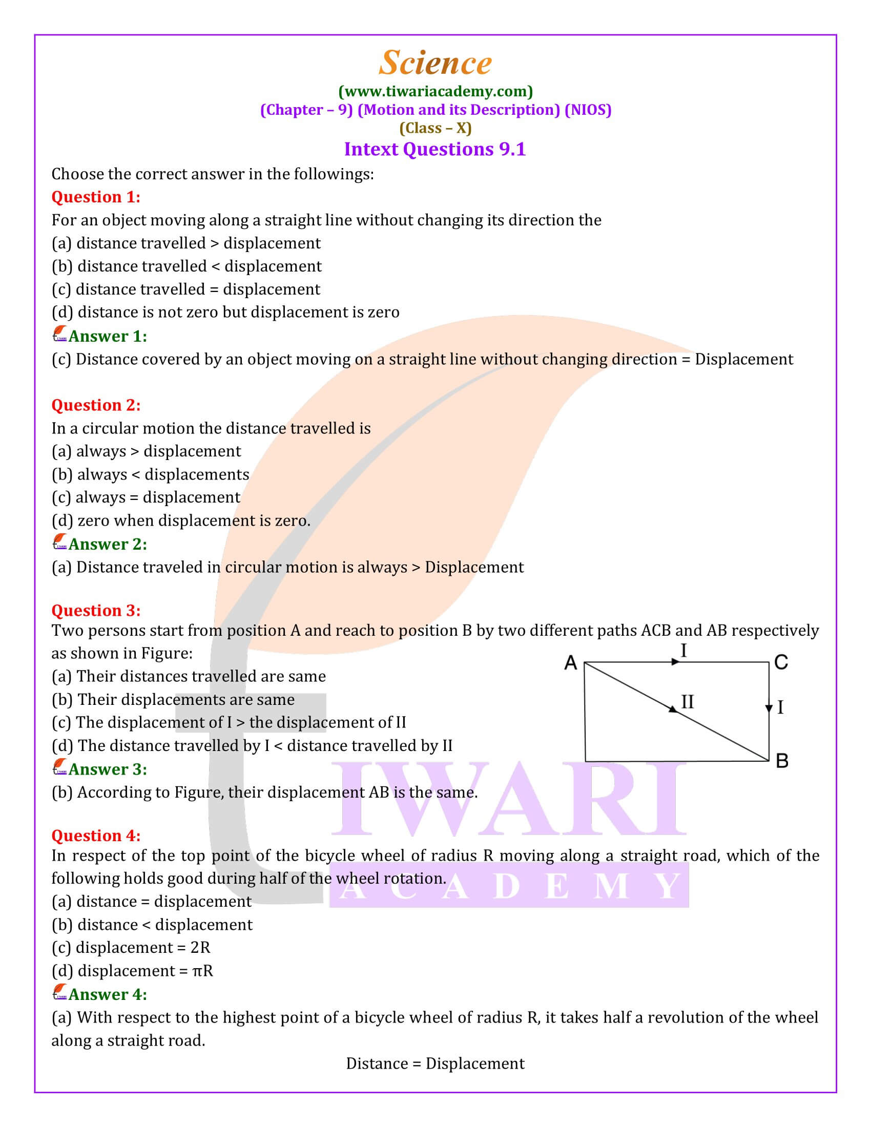 NIOS Class 10 Science Chapter 9 Motion and its Description Question Answers