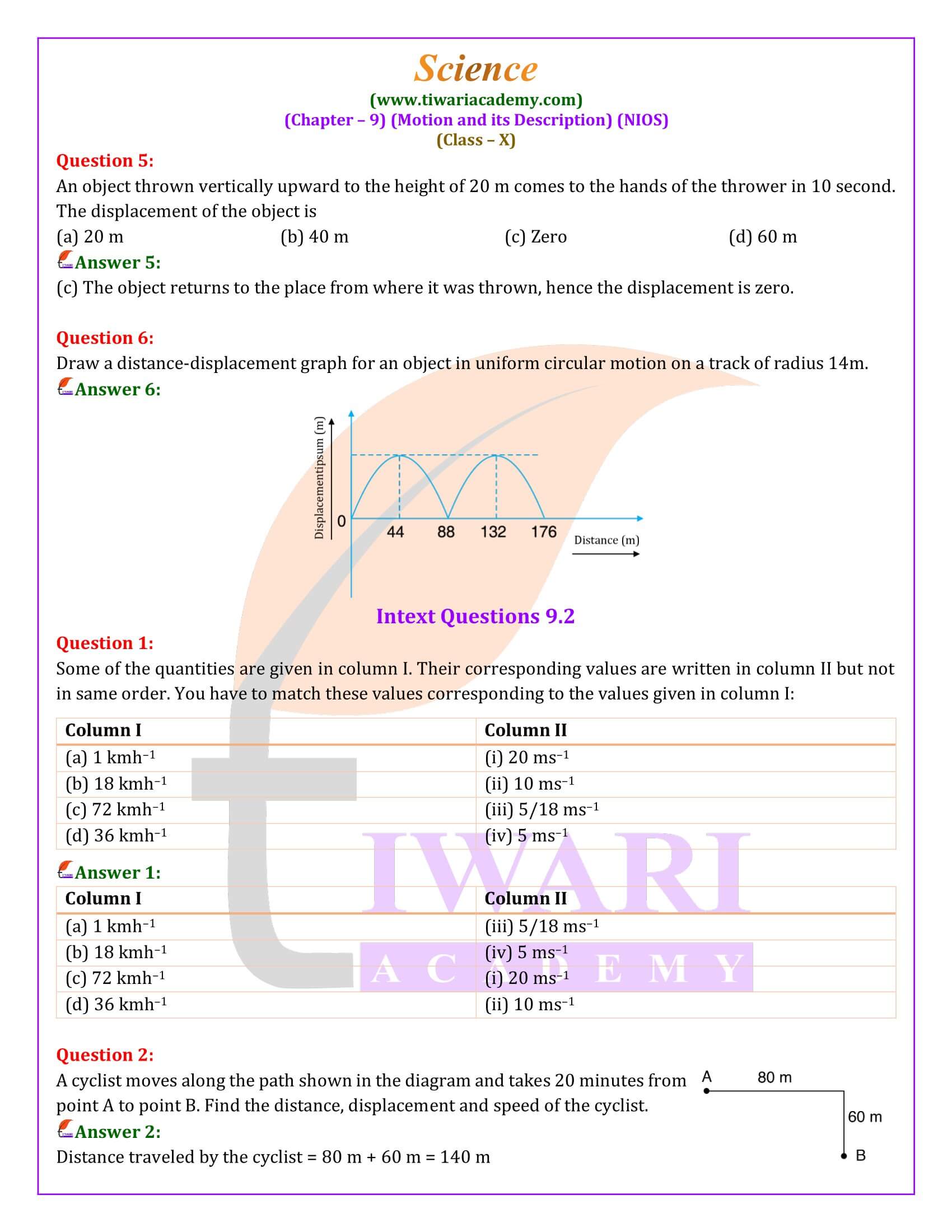 NIOS Class 10 Science Chapter 9 Motion and its Description Answers