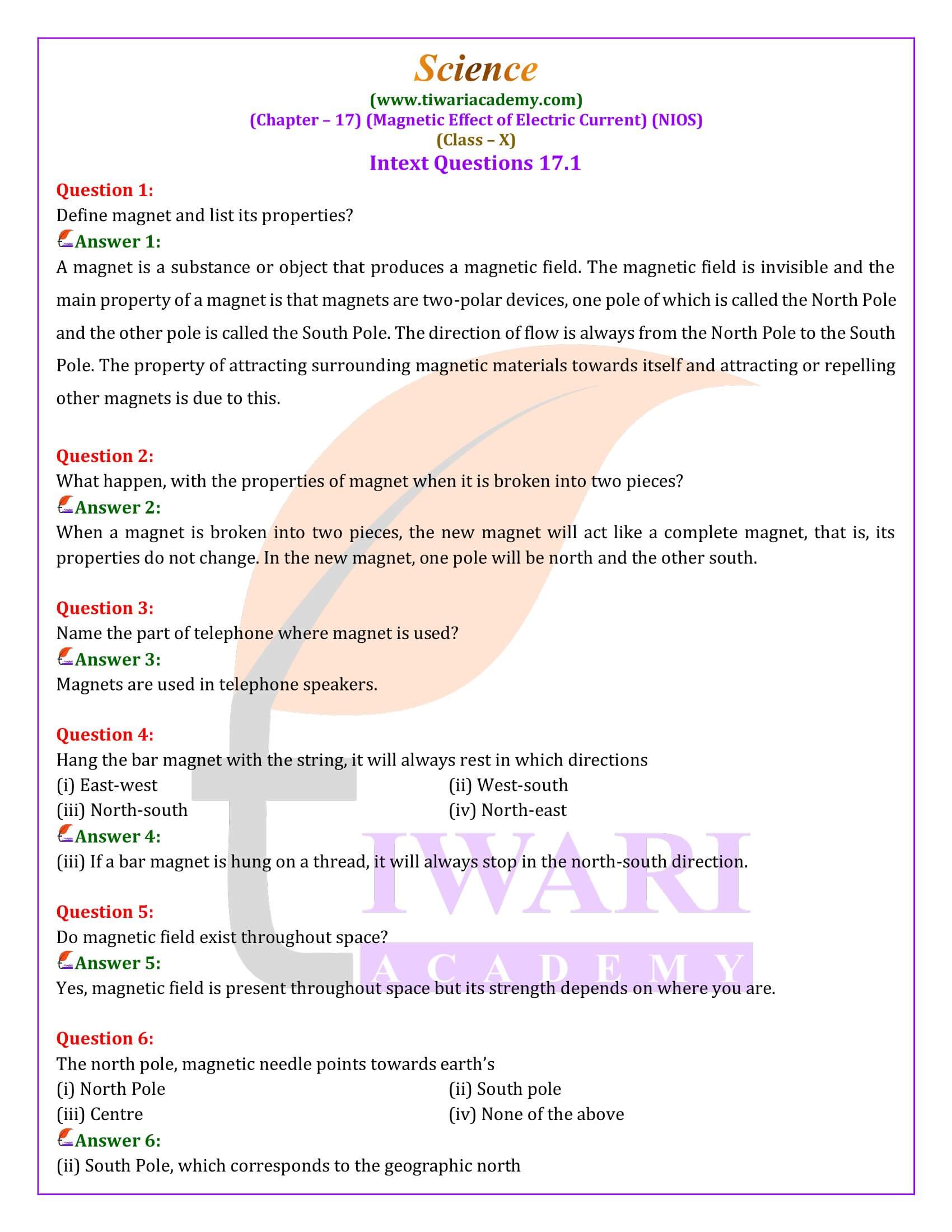 NIOS Class 10 Science Chapter 17 Magnetic Effect of Electric Current Answers