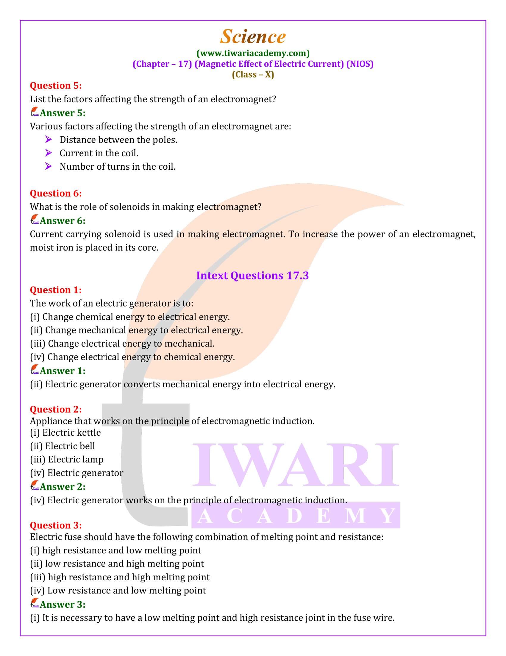 NIOS Class 10 Science Chapter 17 Question Answers