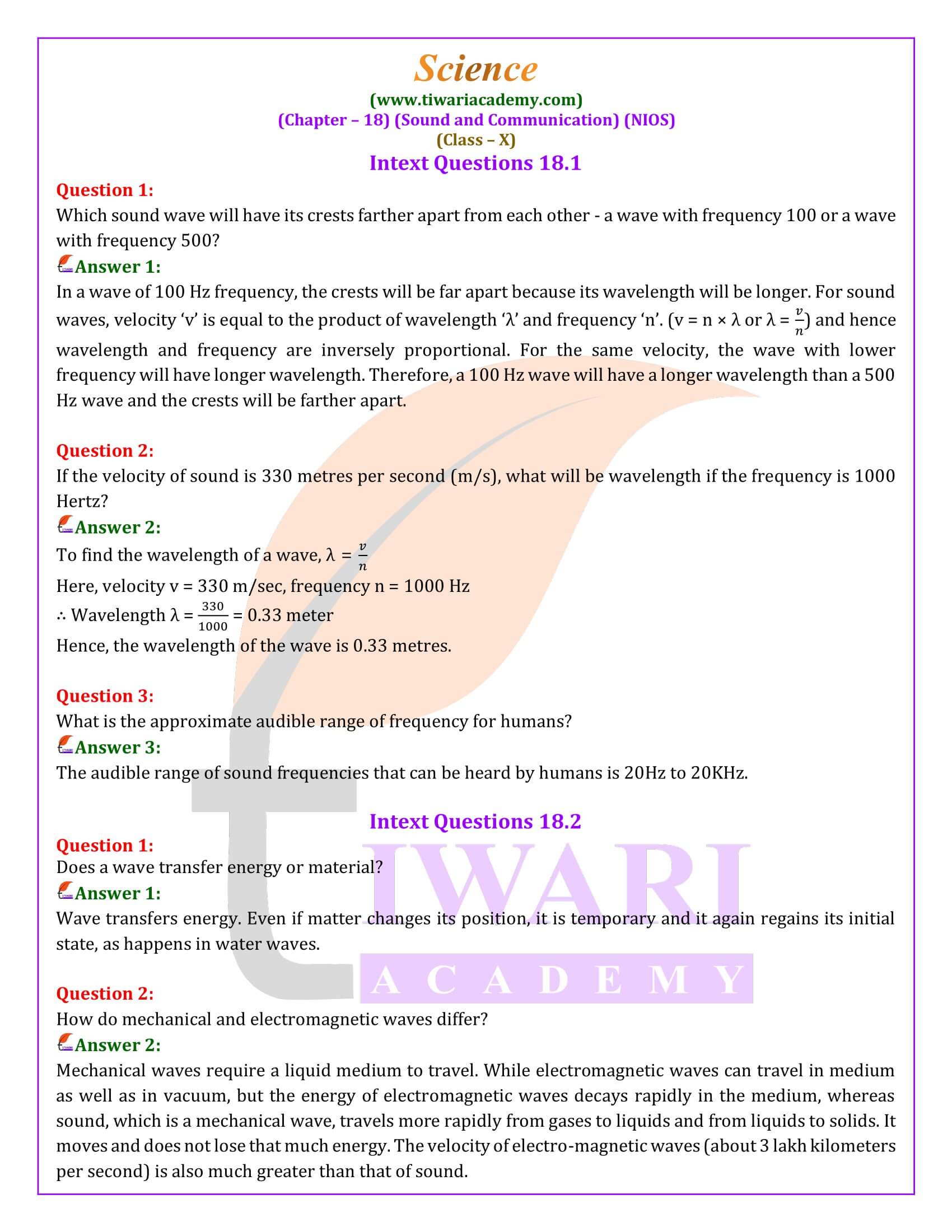 NIOS Class 10 Science Chapter 18 Answers